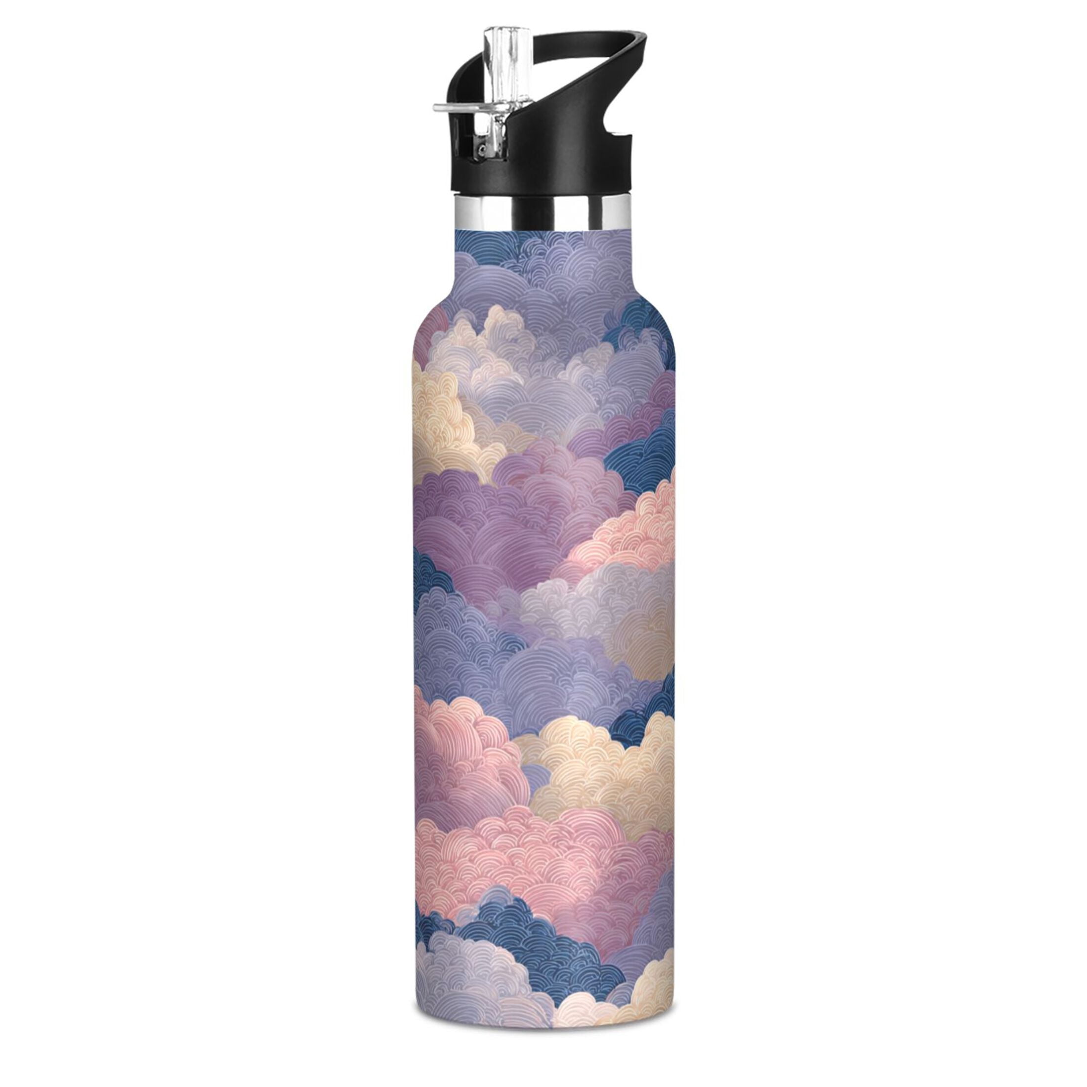 600ML Stainless Steel Insulated Cup Sports Water Bottle Portable Thermos Cup Water Glasses Insulated Tumblers Convenient and Durable Purple Cloud Cartoon
