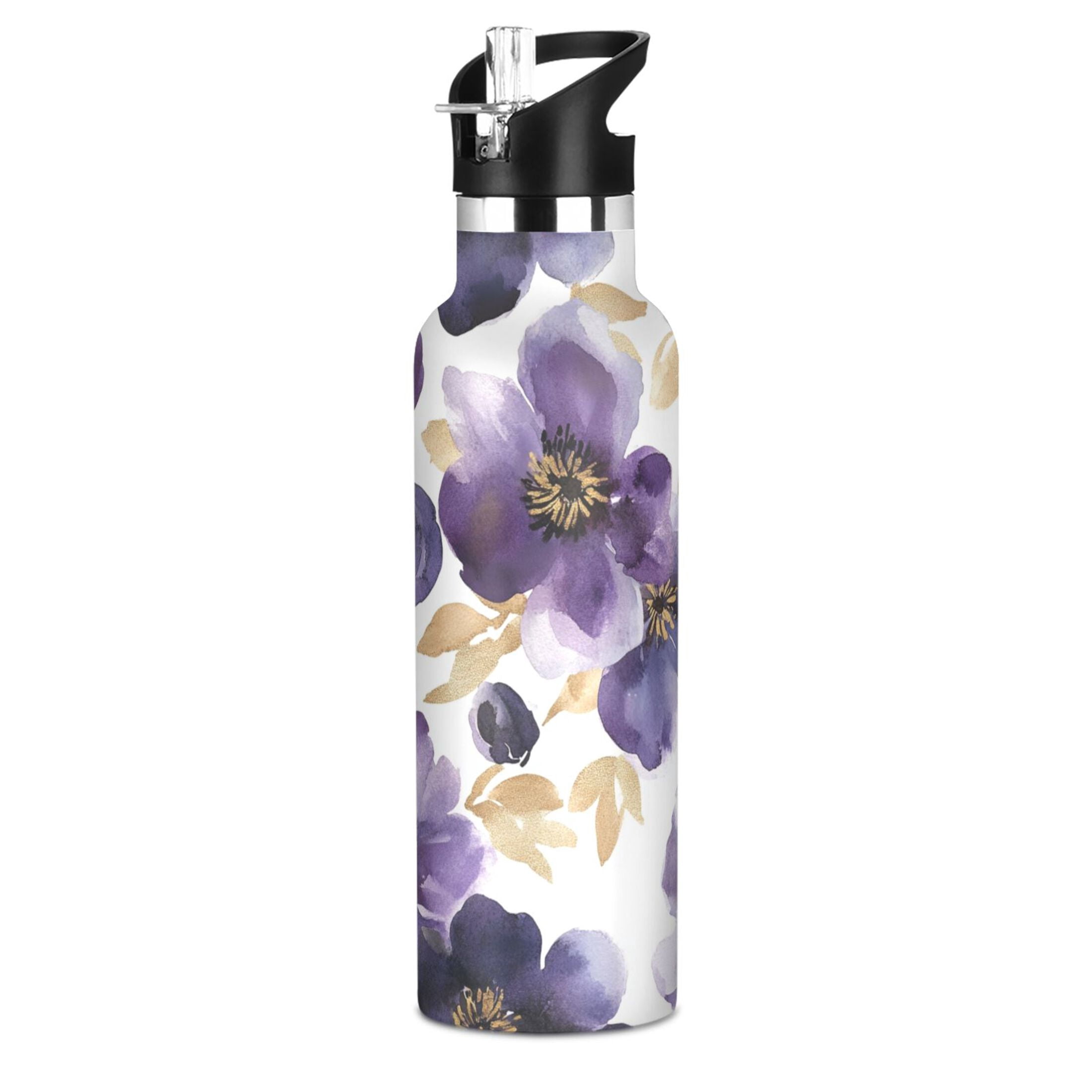 600ML Stainless Steel Insulated Cup Sports Water Bottle Portable Thermos Cup Water Glasses Insulated Tumblers Convenient and Durable Purple Flower Pattern