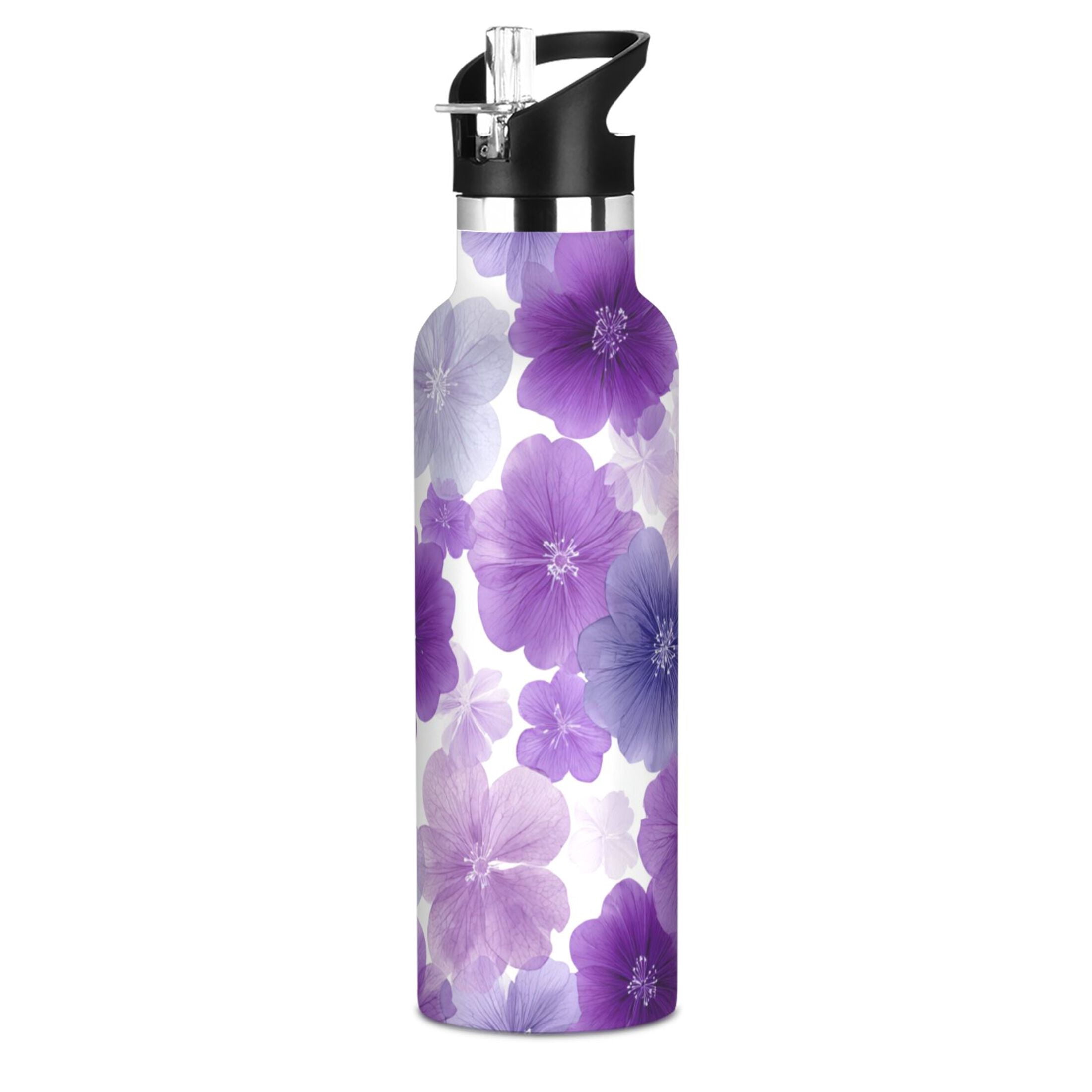600ML Stainless Steel Insulated Cup Sports Water Bottle Portable Thermos Cup Water Glasses Insulated Tumblers Convenient and Durable Purple Flowers Pattern
