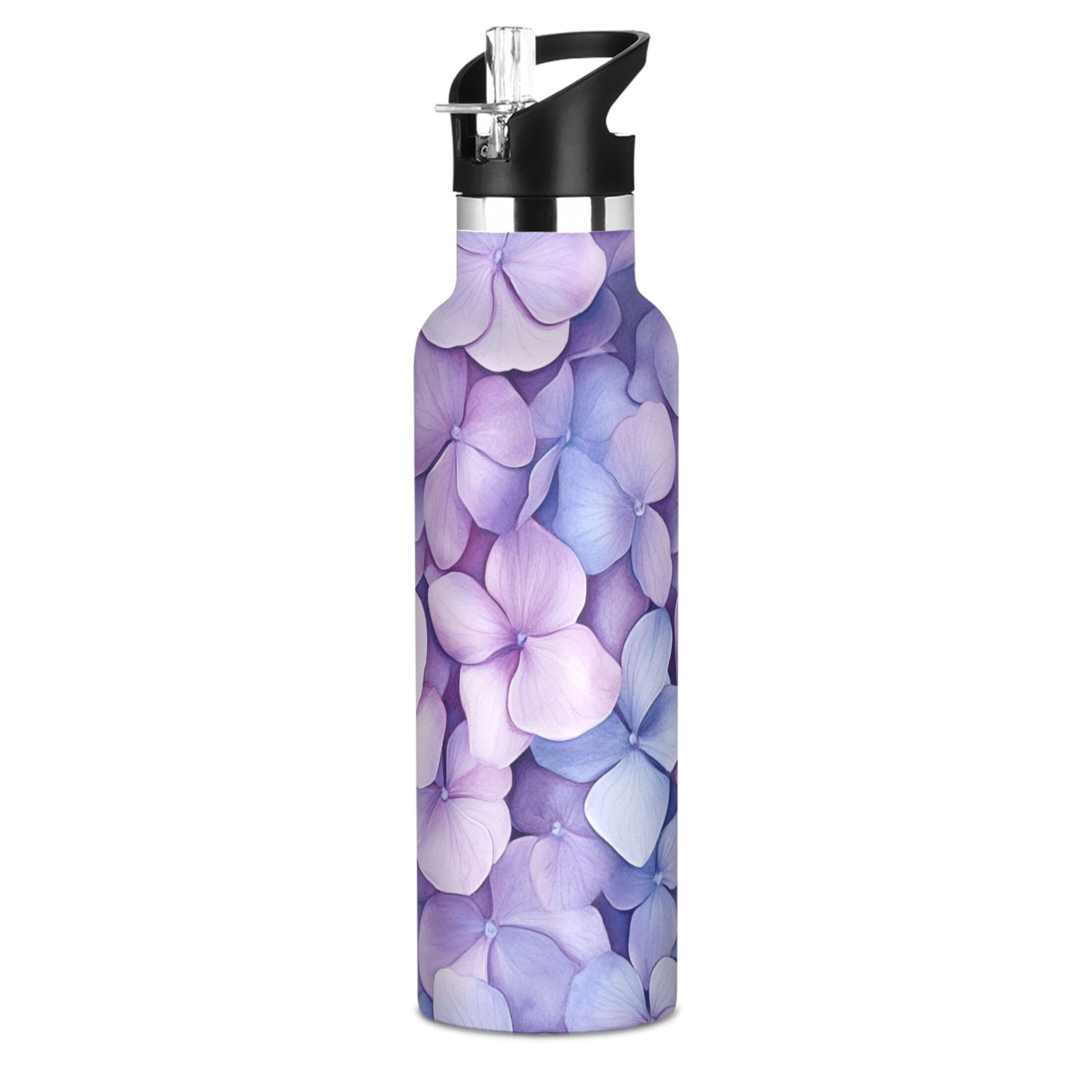600ML Stainless Steel Insulated Cup Sports Water Bottle Portable Thermos Cup Water Glasses Insulated Tumblers Convenient and Durable Purple Hydrangea Petals