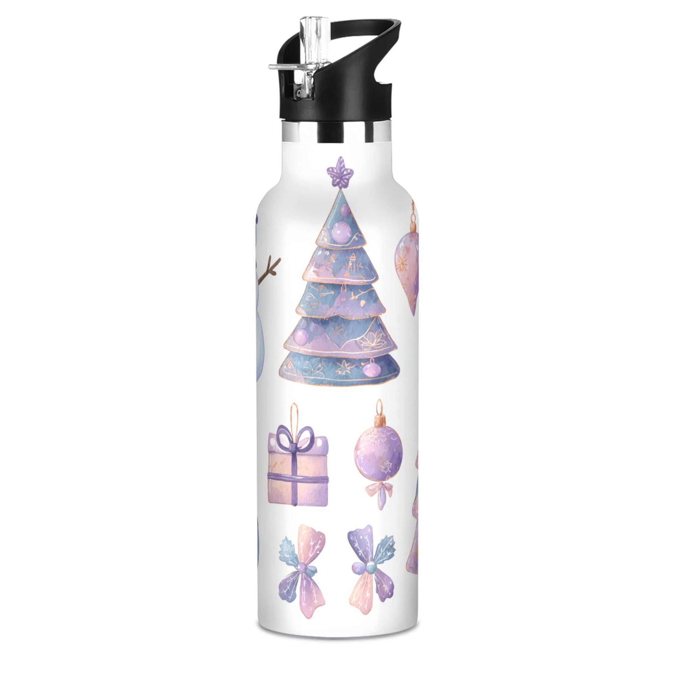 600ML Stainless Steel Insulated Cup Sports Water Bottle Portable Thermos Cup Water Glasses Insulated Tumblers Convenient and Durable Purple Lovely Christmas Tree