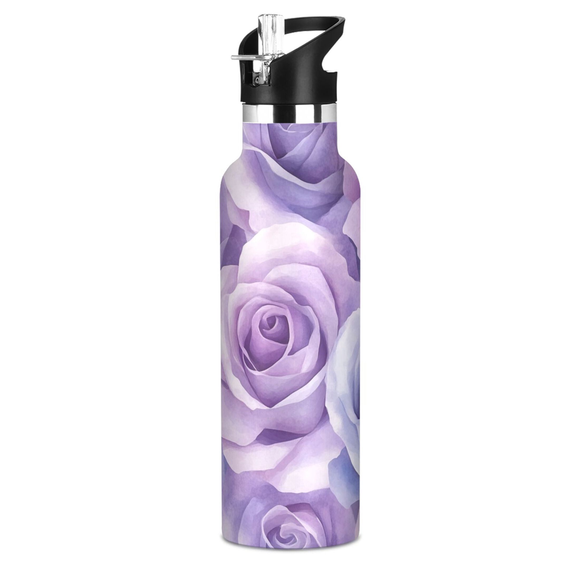 600ML Stainless Steel Insulated Cup Sports Water Bottle Portable Thermos Cup Water Glasses Insulated Tumblers Convenient and Durable Purple Roses Seamless