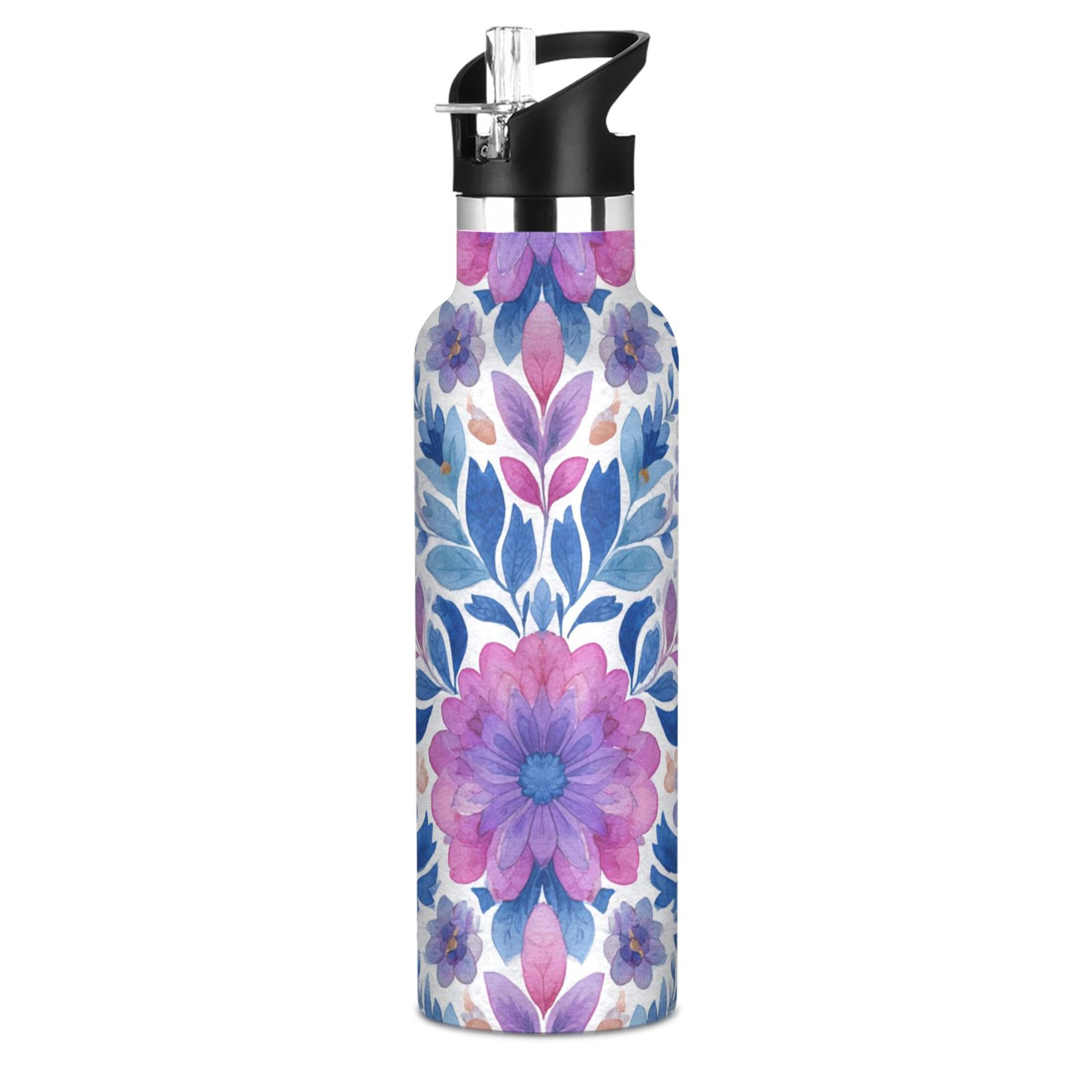 600ML Stainless Steel Insulated Cup Sports Water Bottle Portable Thermos Cup Water Glasses Insulated Tumblers Convenient and Durable Purple Watercolor Leaves