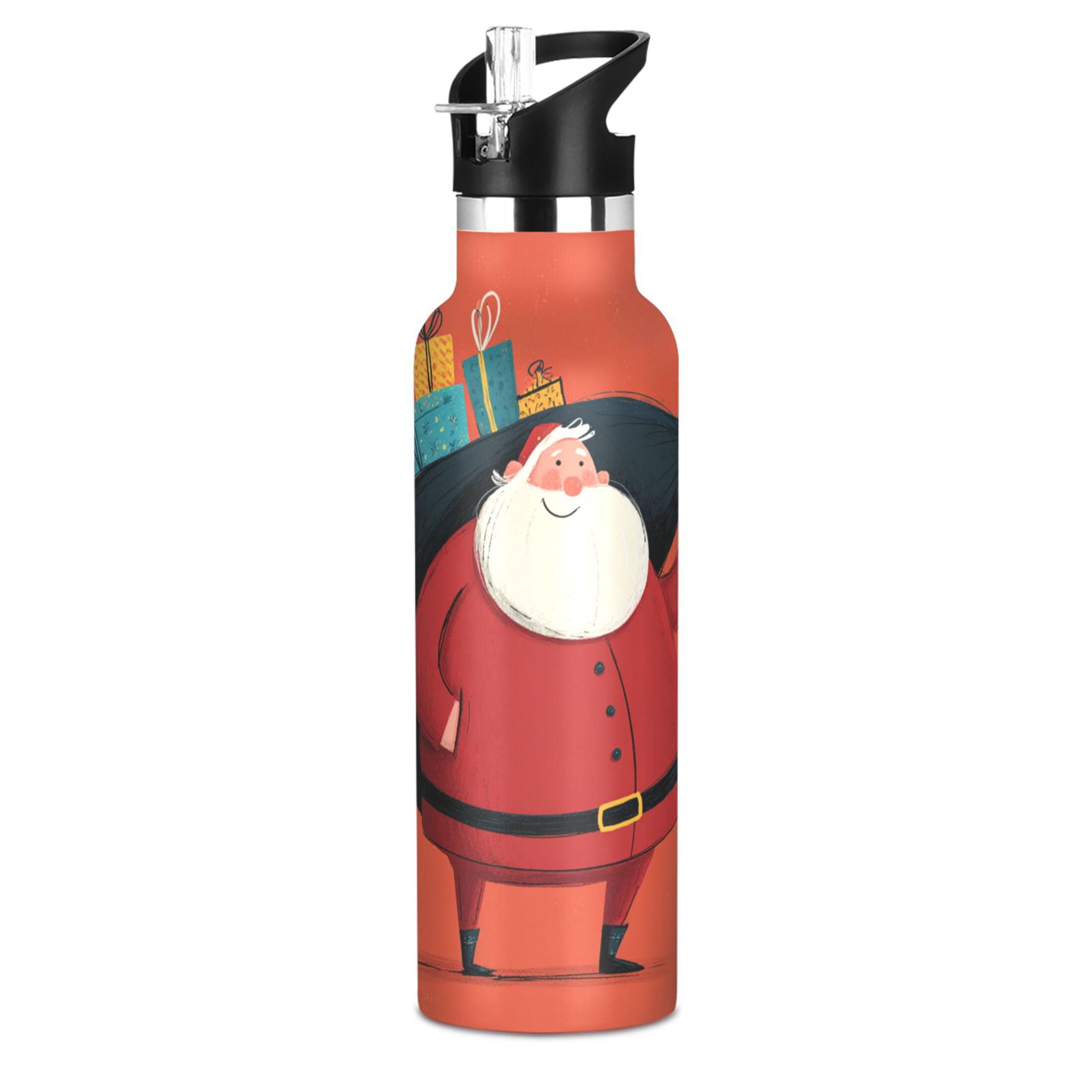 600ML Stainless Steel Insulated Cup Sports Water Bottle Portable Thermos Cup Water Glasses Insulated Tumblers Convenient and Durable Red Cartoon Santa Claus