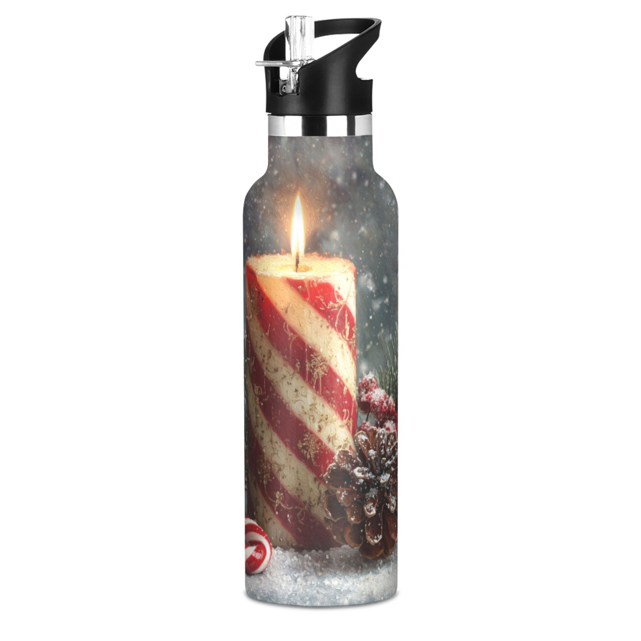 600ML Stainless Steel Insulated Cup Sports Water Bottle Portable Thermos Cup Water Glasses Insulated Tumblers Convenient and Durable Red Christmas Candle