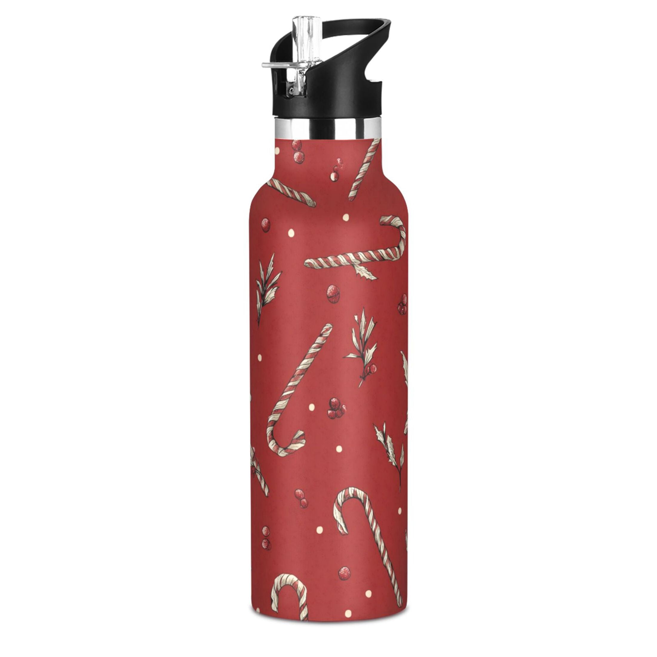 600ML Stainless Steel Insulated Cup Sports Water Bottle Portable Thermos Cup Water Glasses Insulated Tumblers Convenient and Durable Red Christmas Candy Cane
