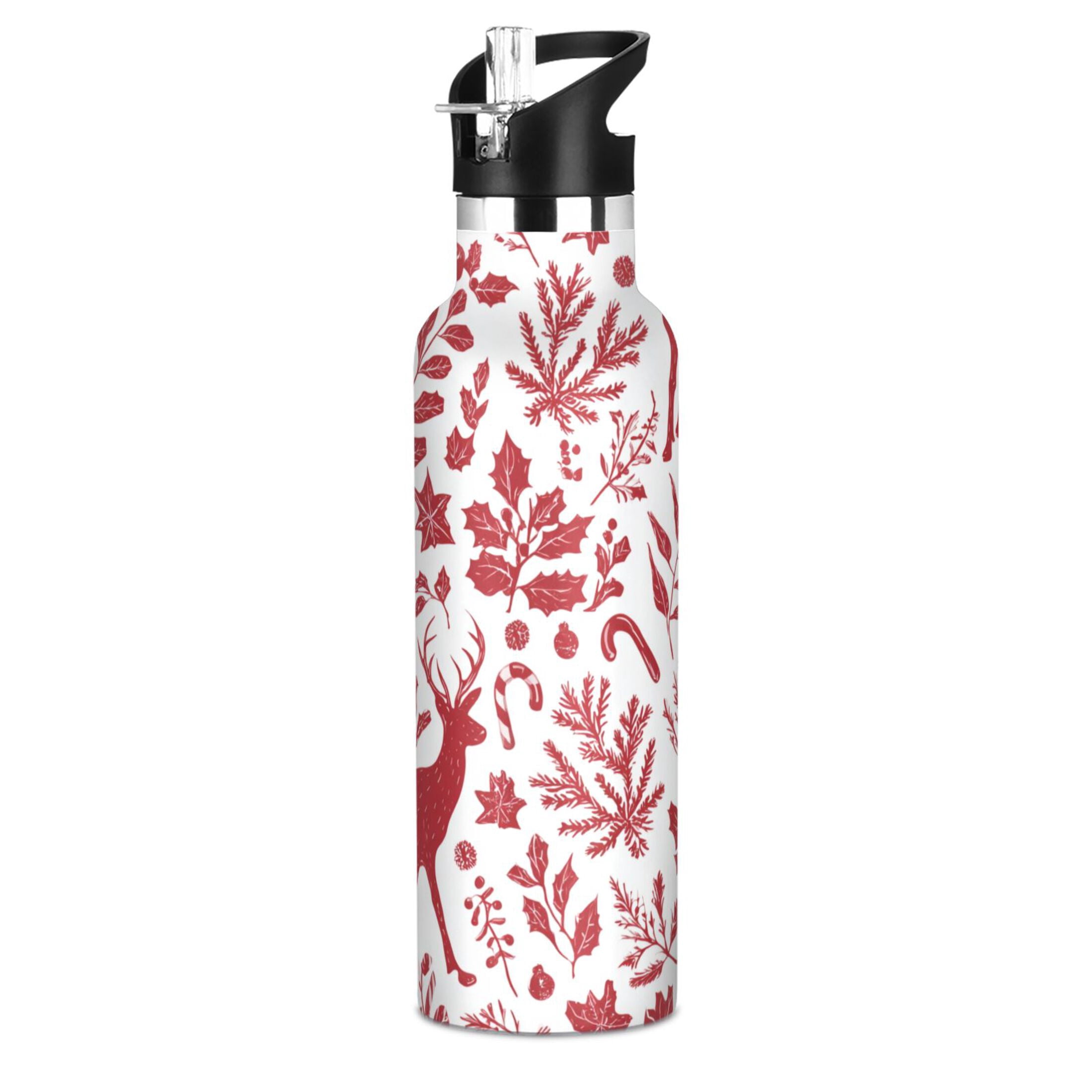 600ML Stainless Steel Insulated Cup Sports Water Bottle Portable Thermos Cup Water Glasses Insulated Tumblers Convenient and Durable Red Christmas Deer