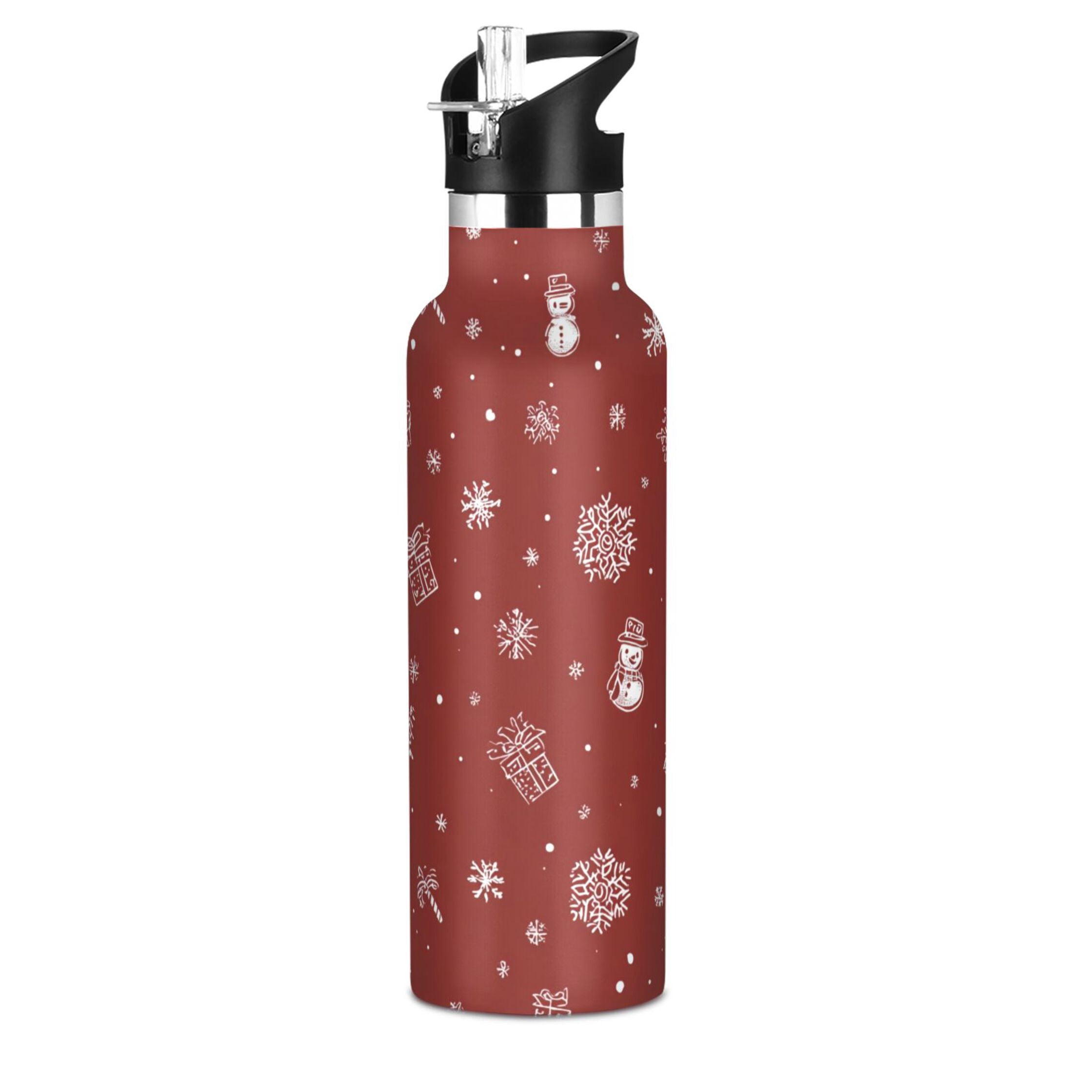 600ML Stainless Steel Insulated Cup Sports Water Bottle Portable Thermos Cup Water Glasses Insulated Tumblers Convenient and Durable Red Christmas Pattern