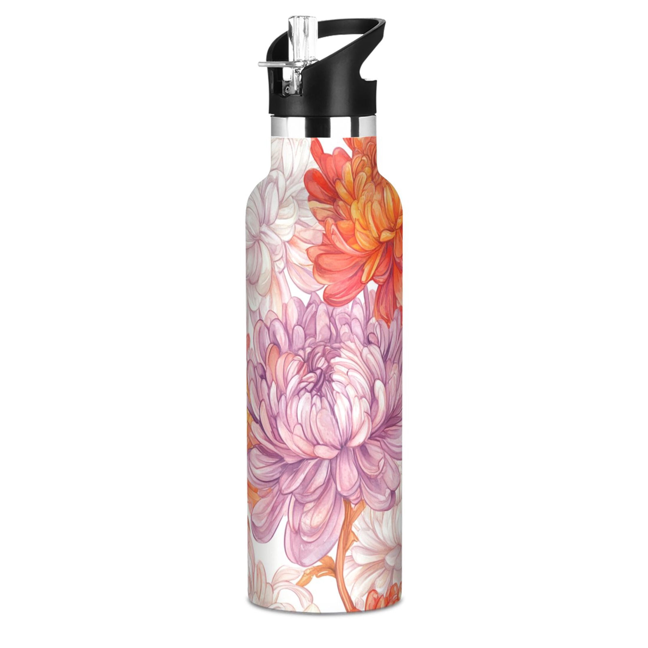 600ML Stainless Steel Insulated Cup Sports Water Bottle Portable Thermos Cup Water Glasses Insulated Tumblers Convenient and Durable Red Chrysanthemum