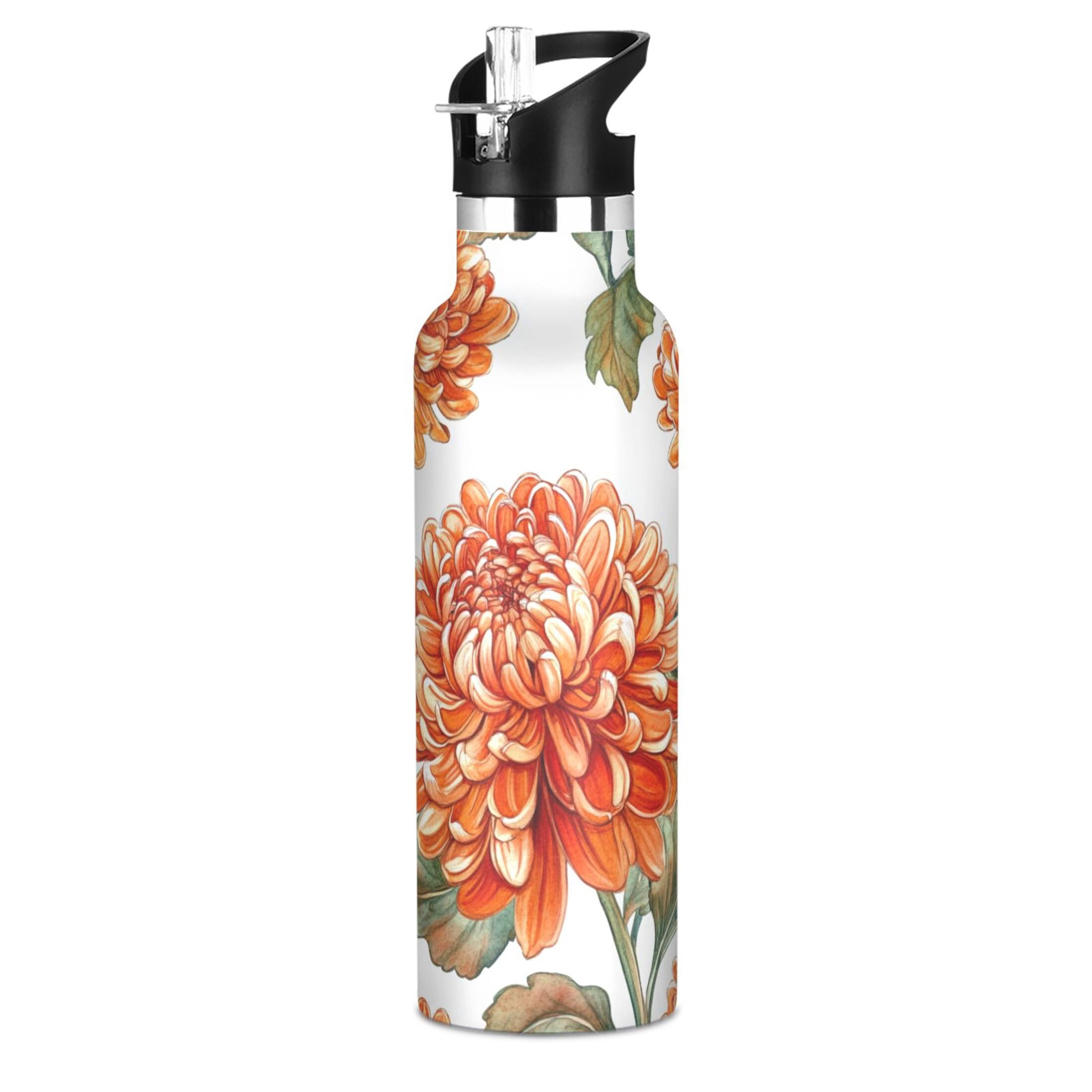 600ML Stainless Steel Insulated Cup Sports Water Bottle Portable Thermos Cup Water Glasses Insulated Tumblers Convenient and Durable Red Chrysanthemums