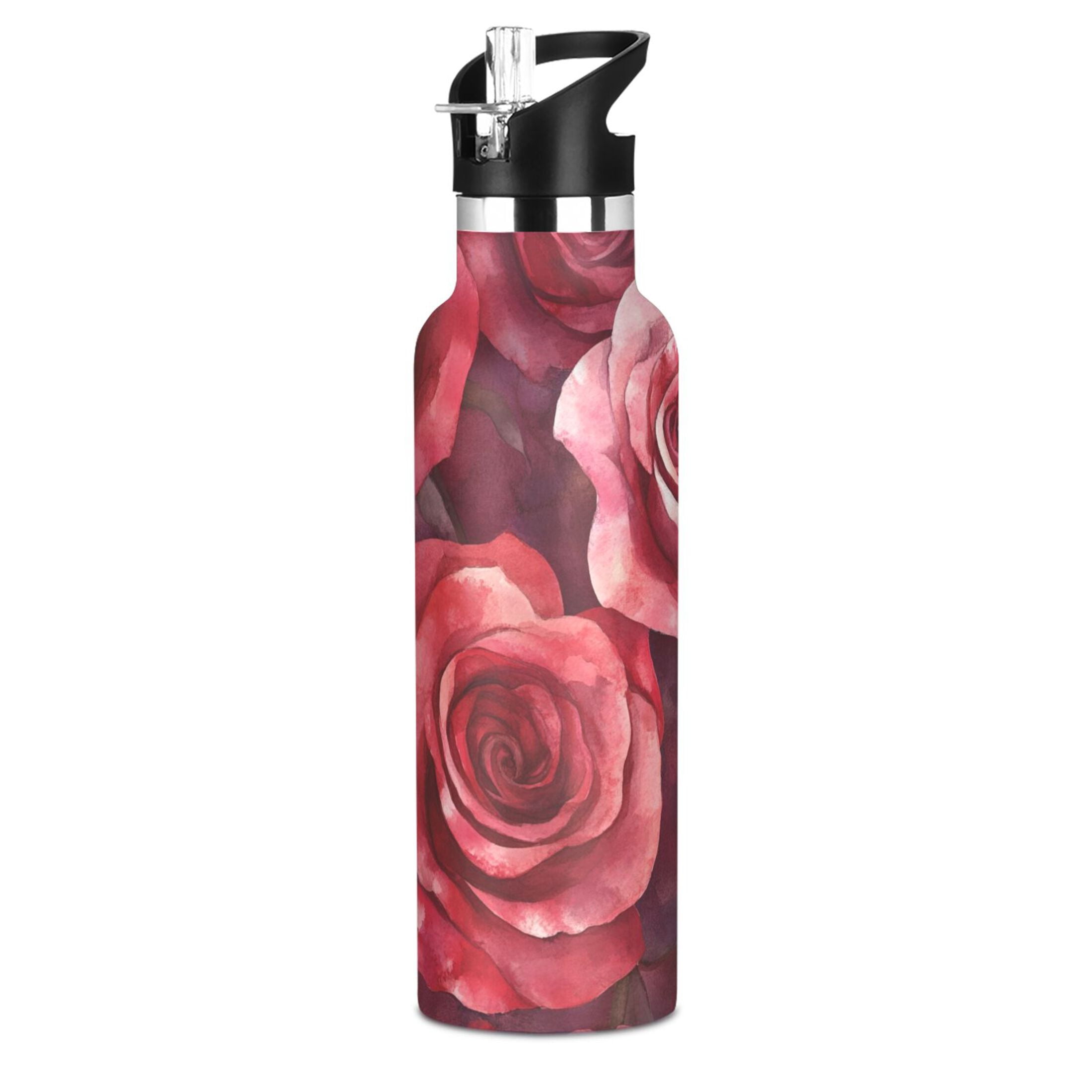 600ML Stainless Steel Insulated Cup Sports Water Bottle Portable Thermos Cup Water Glasses Insulated Tumblers Convenient and Durable Red Roses Seamless