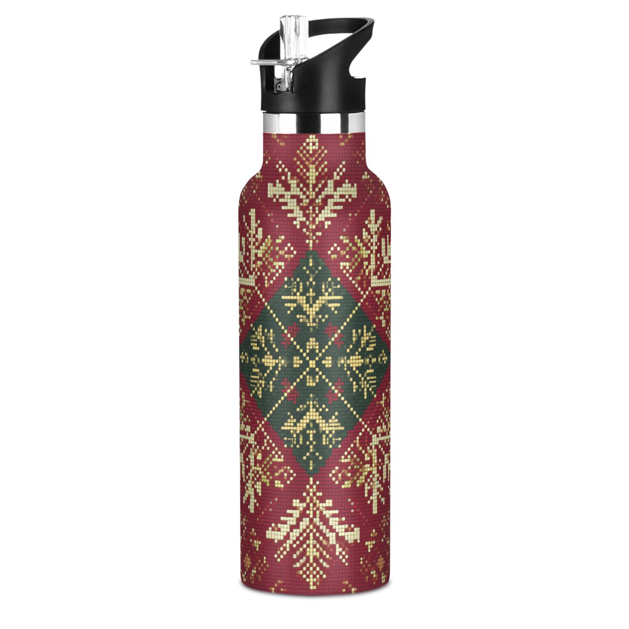 600ML Stainless Steel Insulated Cup Sports Water Bottle Portable Thermos Cup Water Glasses Insulated Tumblers Convenient and Durable Romantic Red Christmas