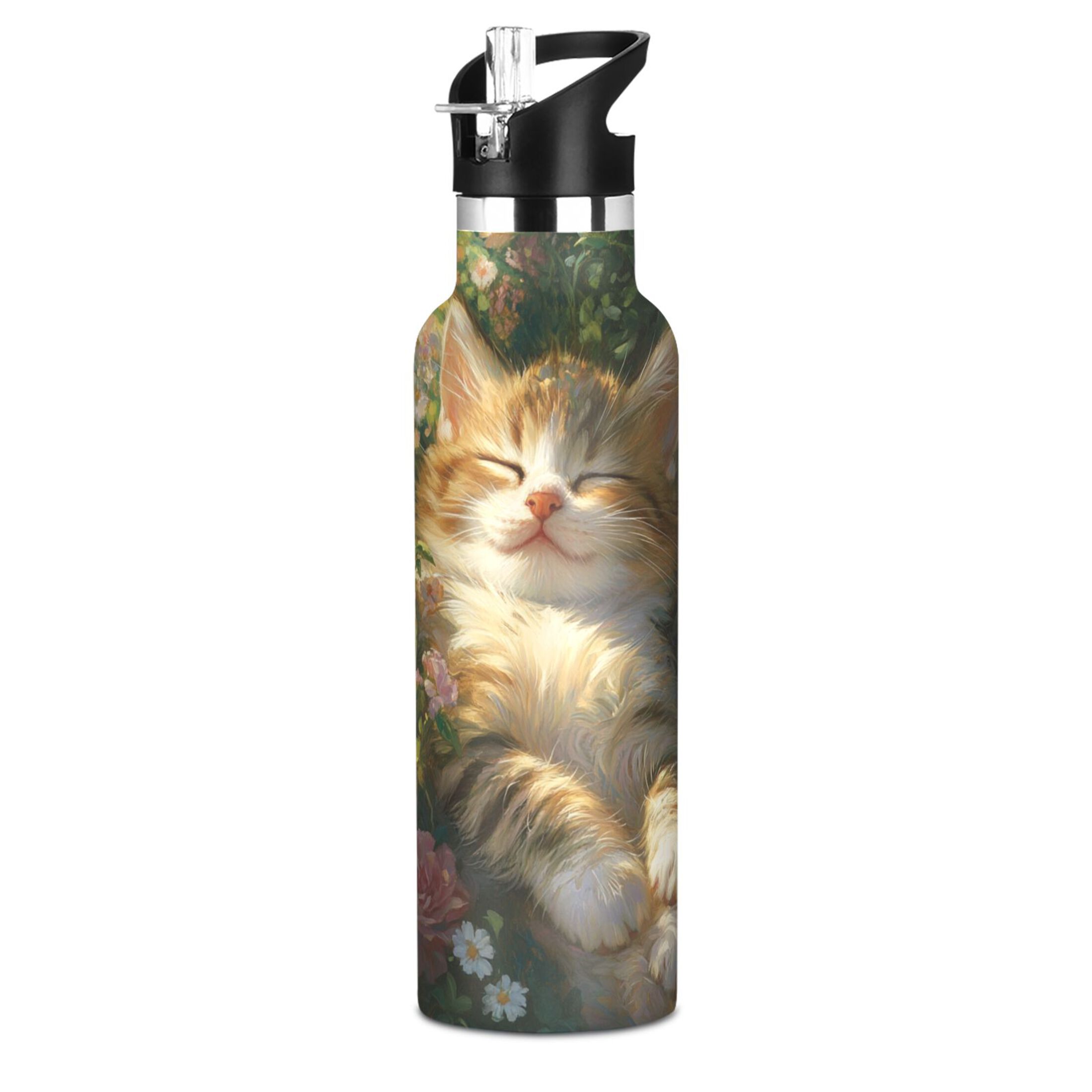 600ML Stainless Steel Insulated Cup Sports Water Bottle Portable Thermos Cup Water Glasses Insulated Tumblers Convenient and Durable Sleeping Cute Cat