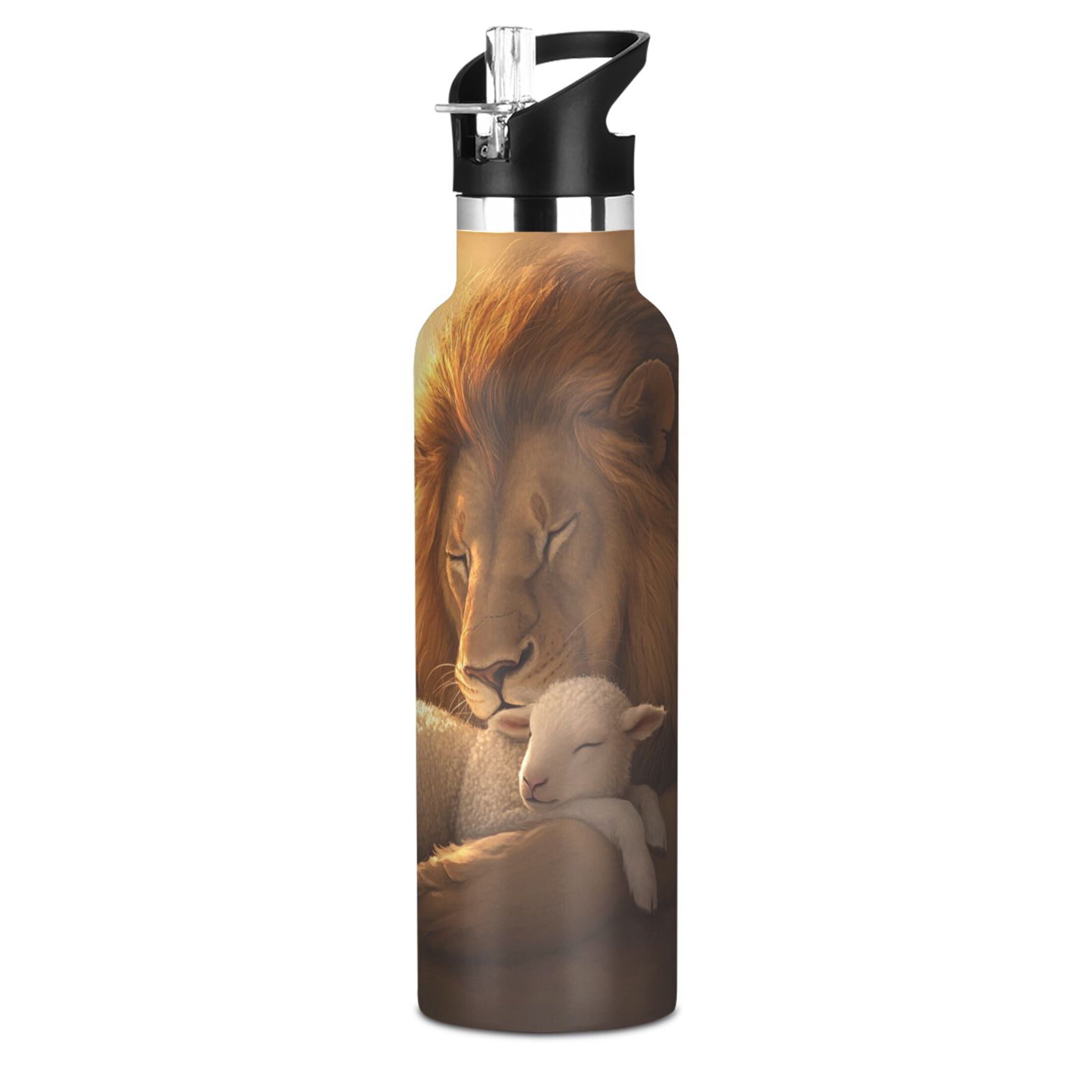 600ML Stainless Steel Insulated Cup Sports Water Bottle Portable Thermos Cup Water Glasses Insulated Tumblers Convenient and Durable Sleeping Lions and Sheep