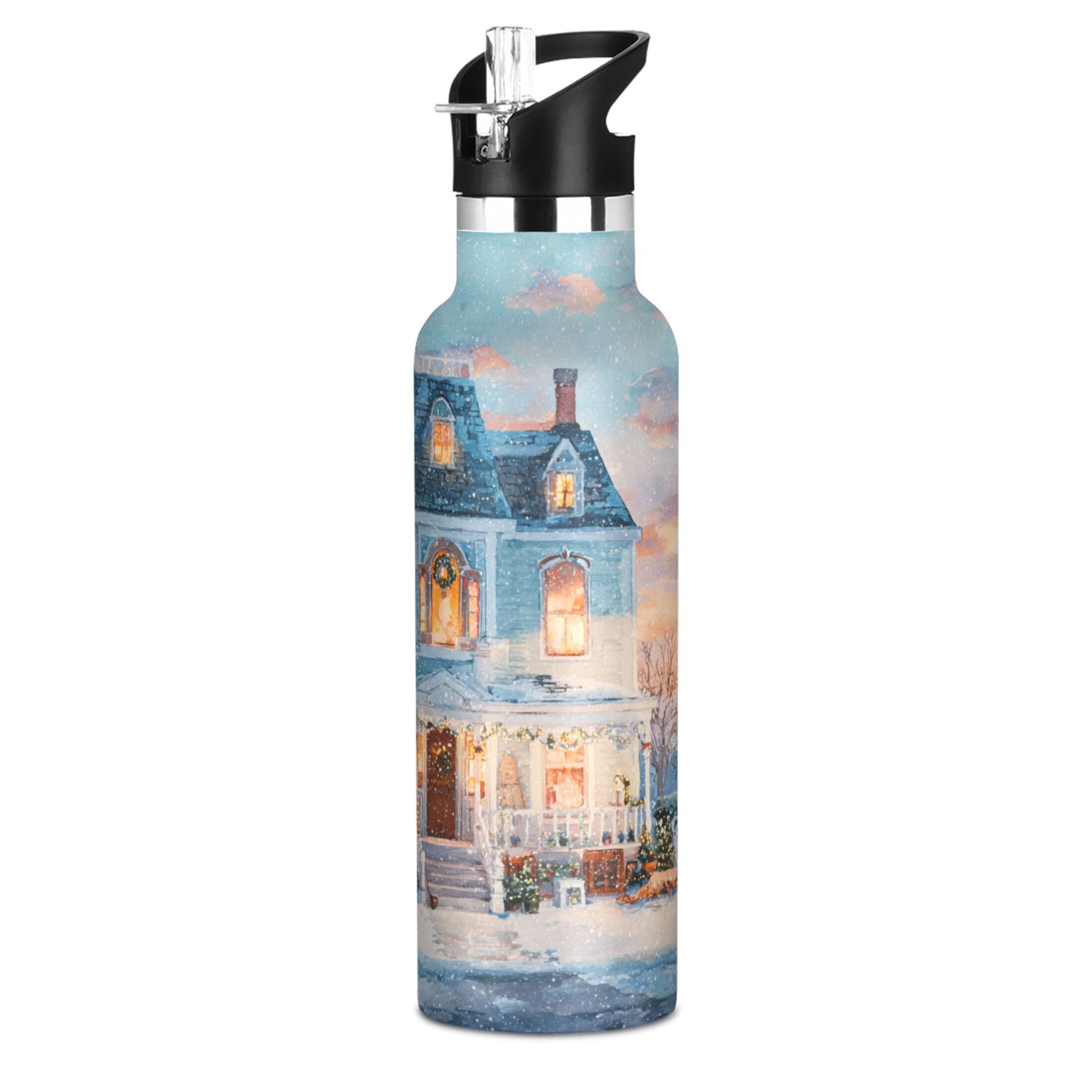 600ML Stainless Steel Insulated Cup Sports Water Bottle Portable Thermos Cup Water Glasses Insulated Tumblers Convenient and Durable Snow Christmas House