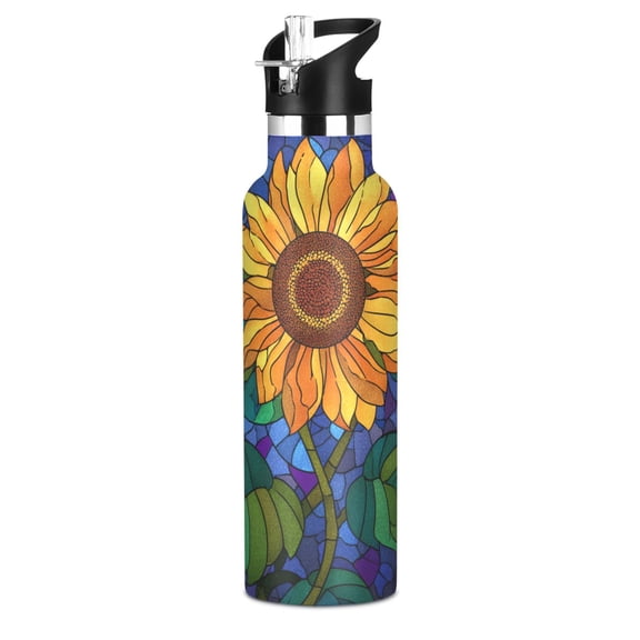 600ML Stainless Steel Insulated Cup Sports Water Bottle Portable Thermos Cup Water Glasses Insulated Tumblers Convenient and Durable Stained Glass Sunflower