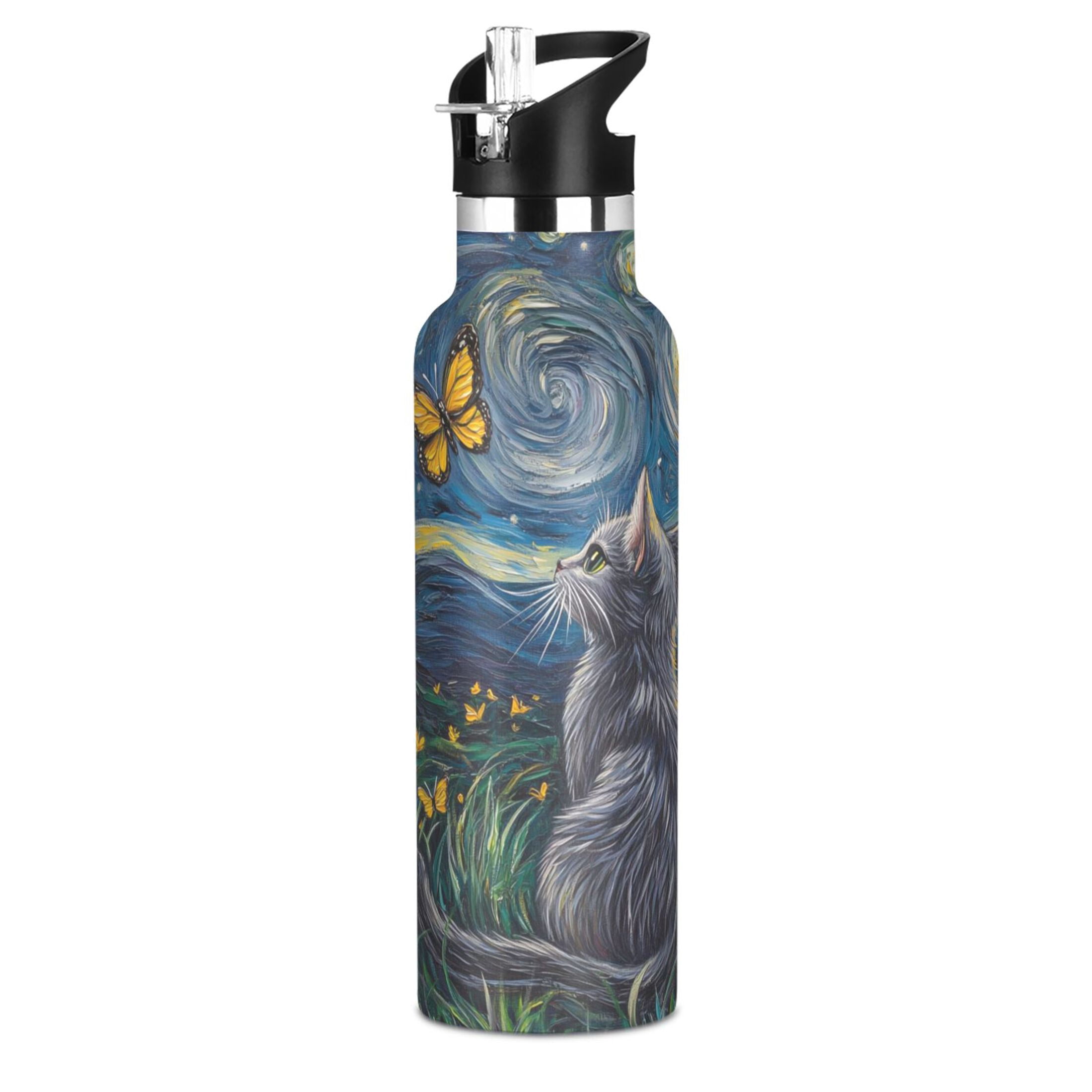 600ML Stainless Steel Insulated Cup Sports Water Bottle Portable Thermos Cup Water Glasses Insulated Tumblers Convenient and Durable Starry Sky Cartoon Cat
