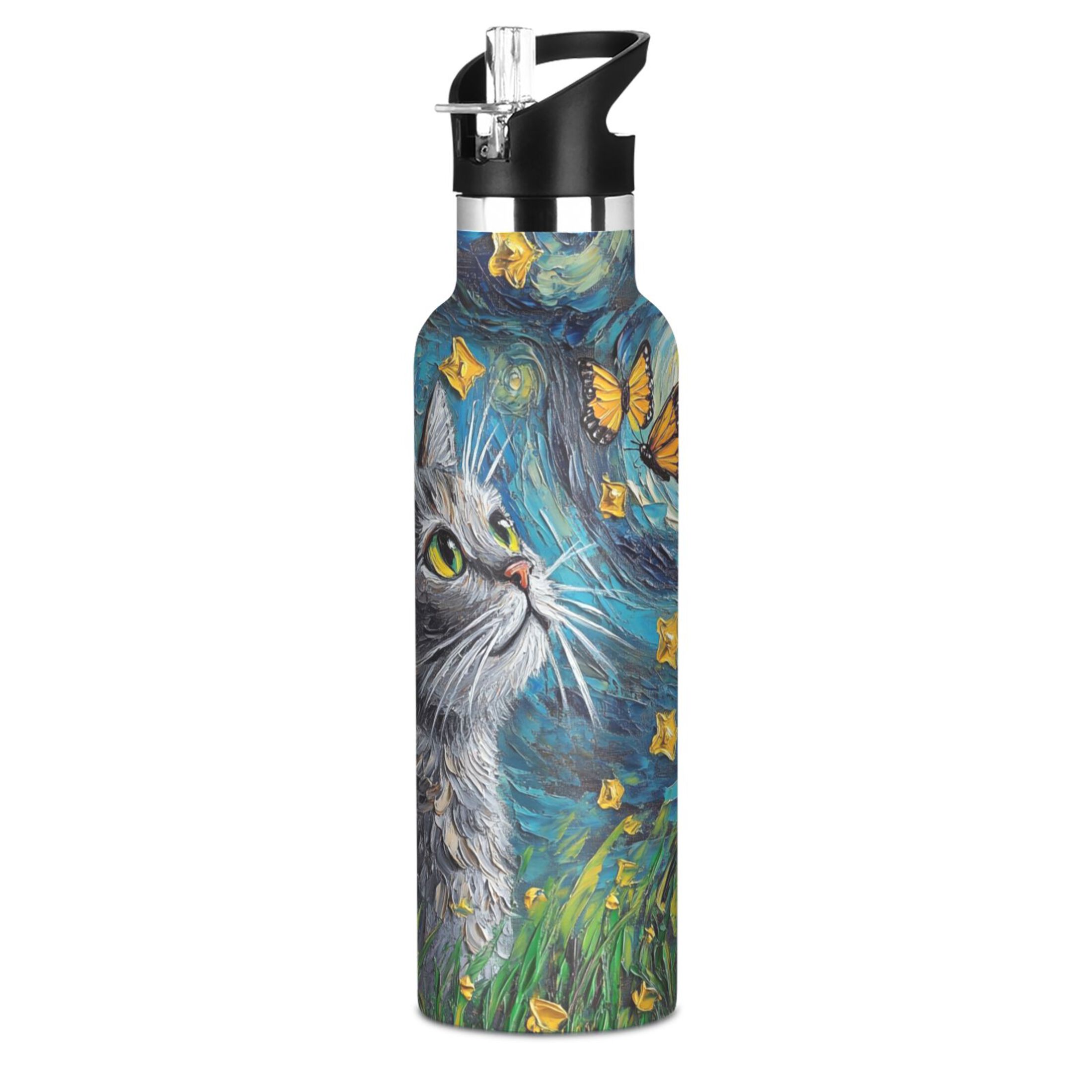 600ML Stainless Steel Insulated Cup Sports Water Bottle Portable Thermos Cup Water Glasses Insulated Tumblers Convenient and Durable Starry Sky Cat Butterfly