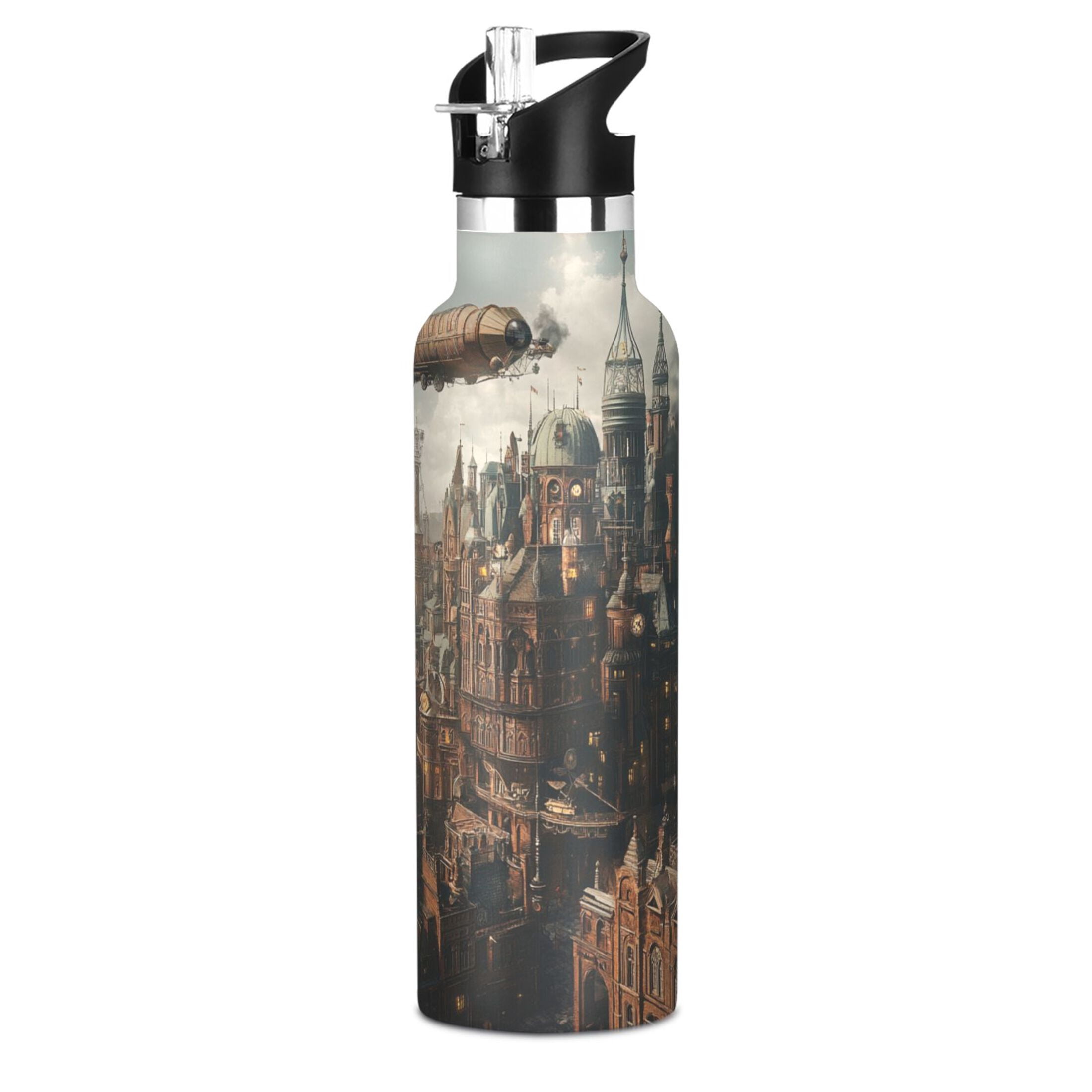 600ML Stainless Steel Insulated Cup Sports Water Bottle Portable Thermos Cup Water Glasses Insulated Tumblers Convenient and Durable Steampunk Airship