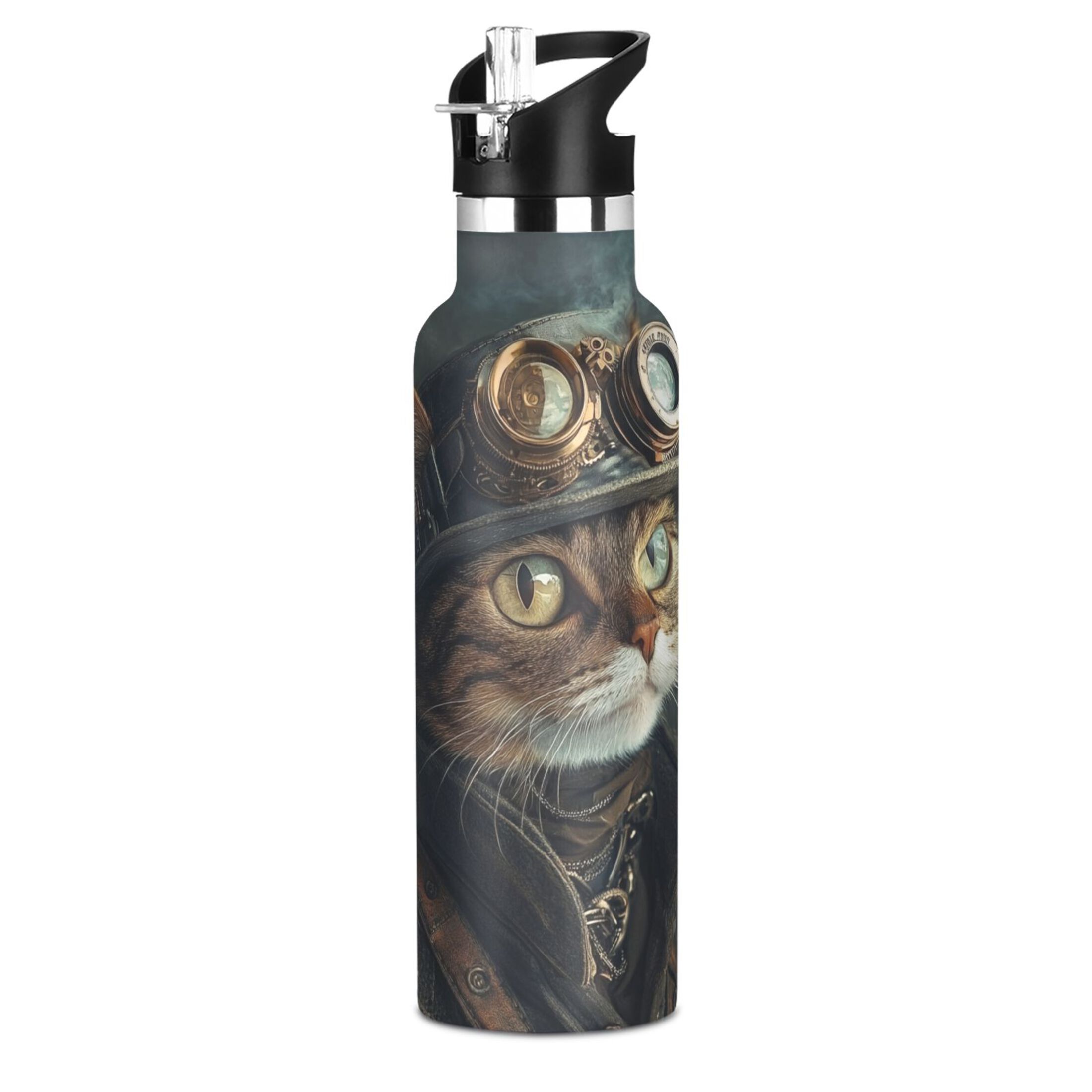 600ML Stainless Steel Insulated Cup Sports Water Bottle Portable Thermos Cup Water Glasses Insulated Tumblers Convenient and Durable Steampunk Cute Cat