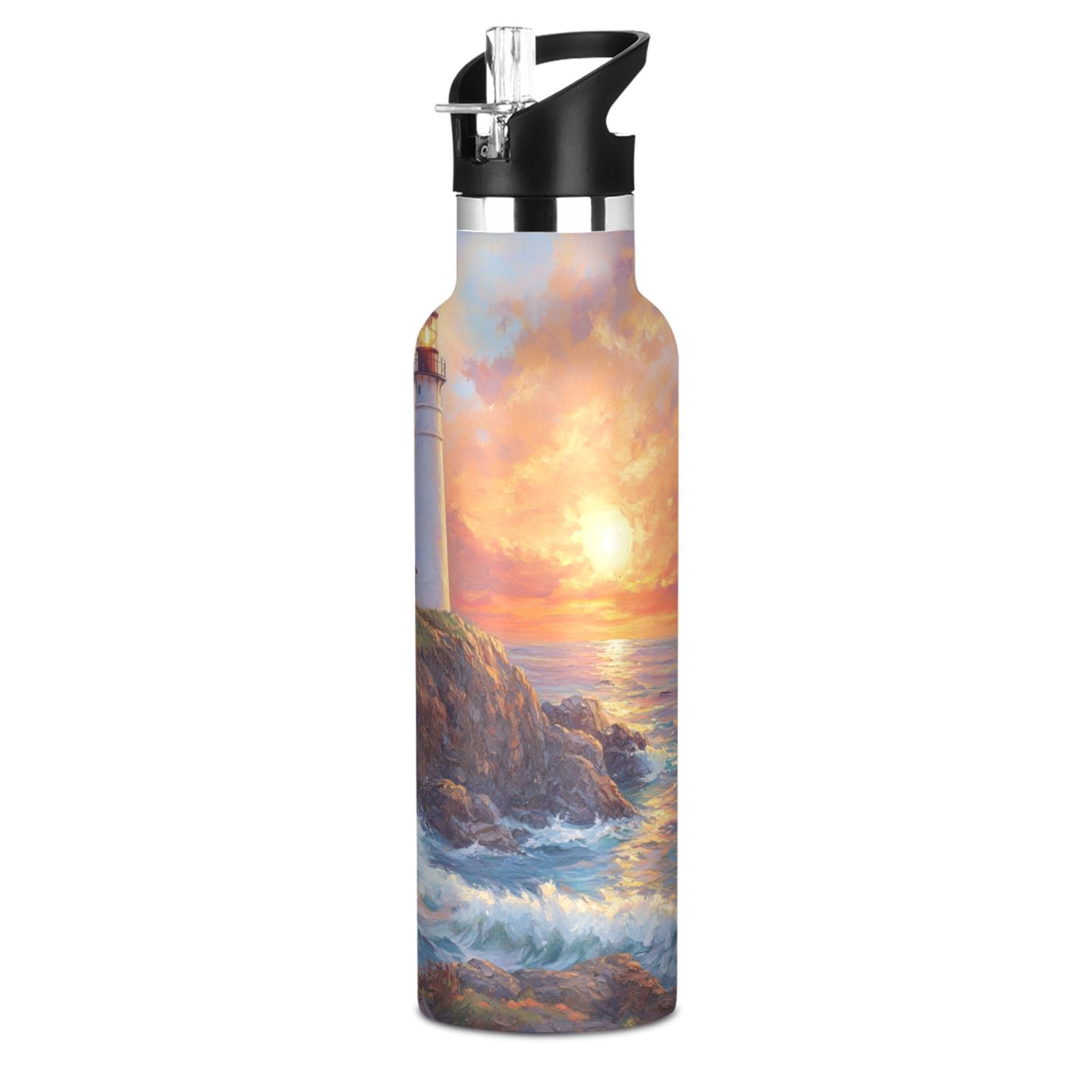 600ML Stainless Steel Insulated Cup Sports Water Bottle Portable Thermos Cup Water Glasses Insulated Tumblers Convenient and Durable Sunset Lighthouse