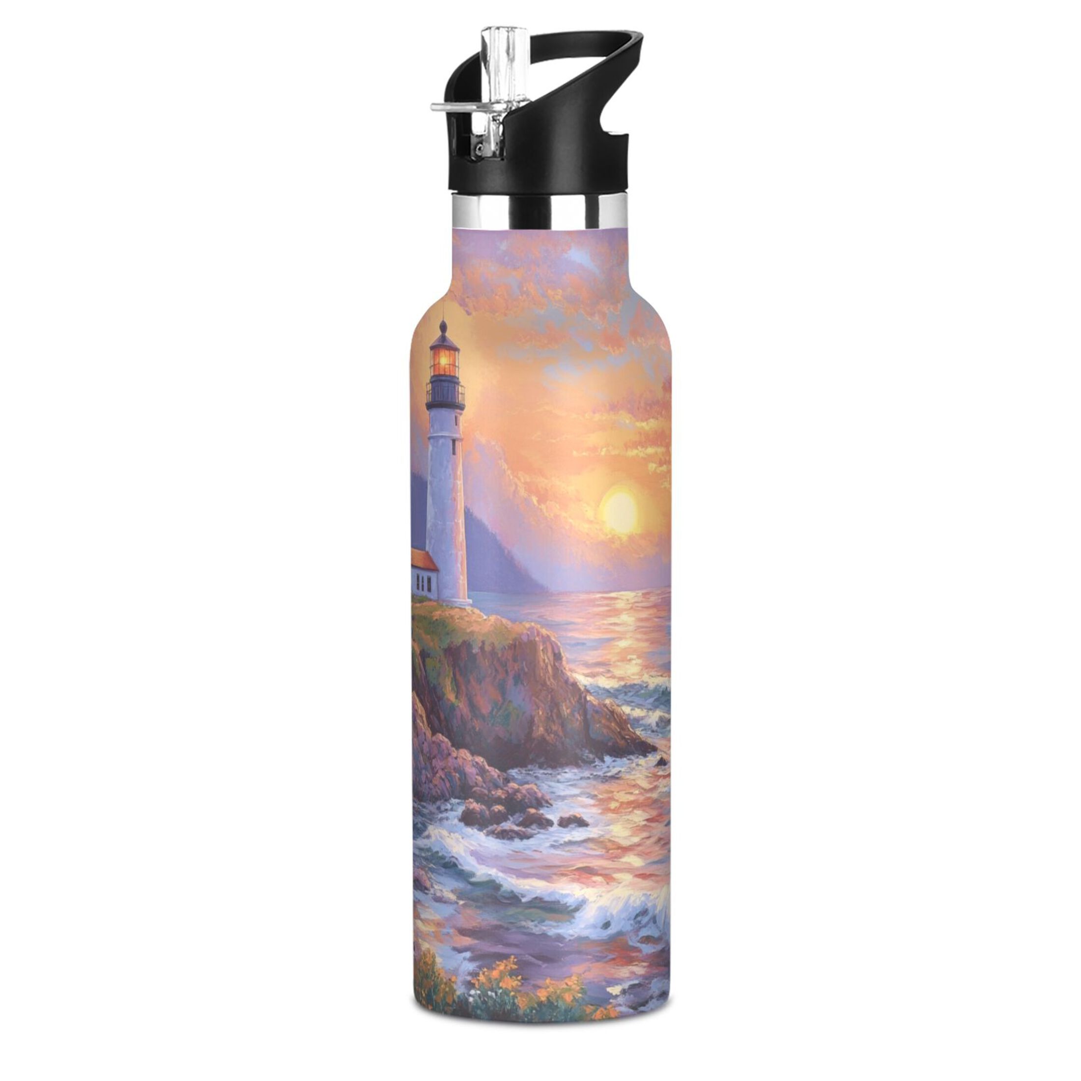 600ML Stainless Steel Insulated Cup Sports Water Bottle Portable Thermos Cup Water Glasses Insulated Tumblers Convenient and Durable Super Beautiful Lighthouse