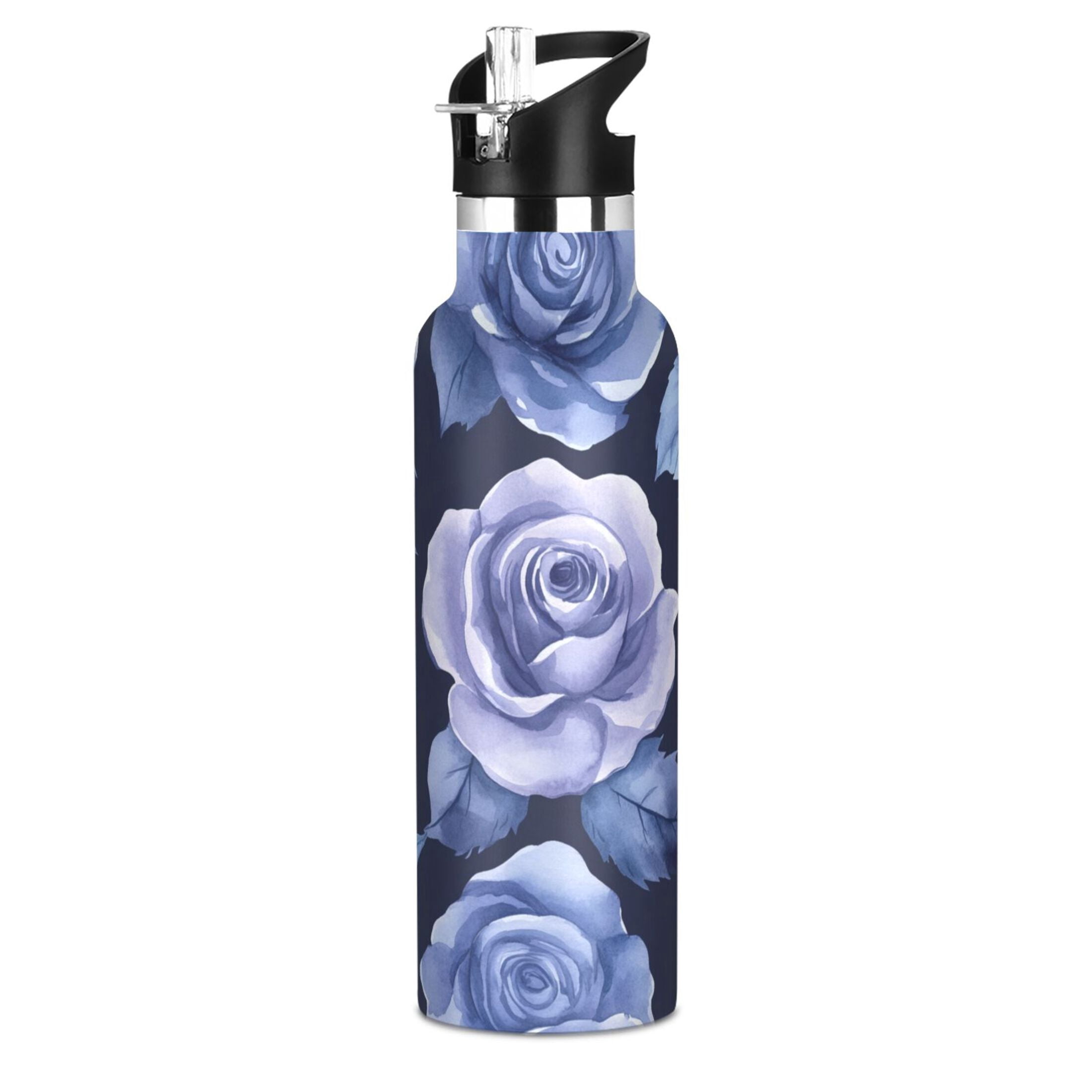 600ML Stainless Steel Insulated Cup Sports Water Bottle Portable Thermos Cup Water Glasses Insulated Tumblers Convenient and Durable Teal Roses Seamless