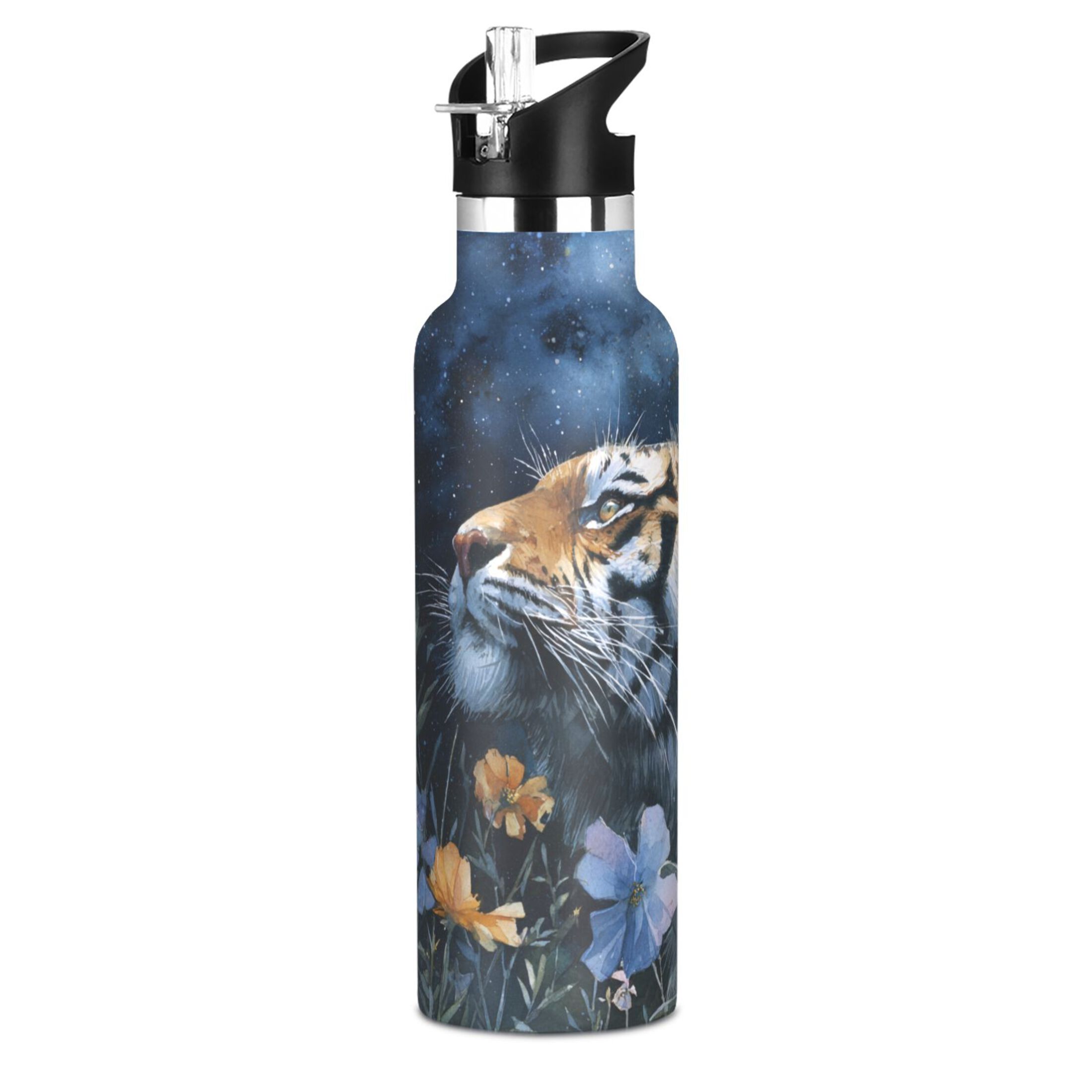 600ML Stainless Steel Insulated Cup Sports Water Bottle Portable Thermos Cup Water Glasses Insulated Tumblers Convenient and Durable The Tiger at Night