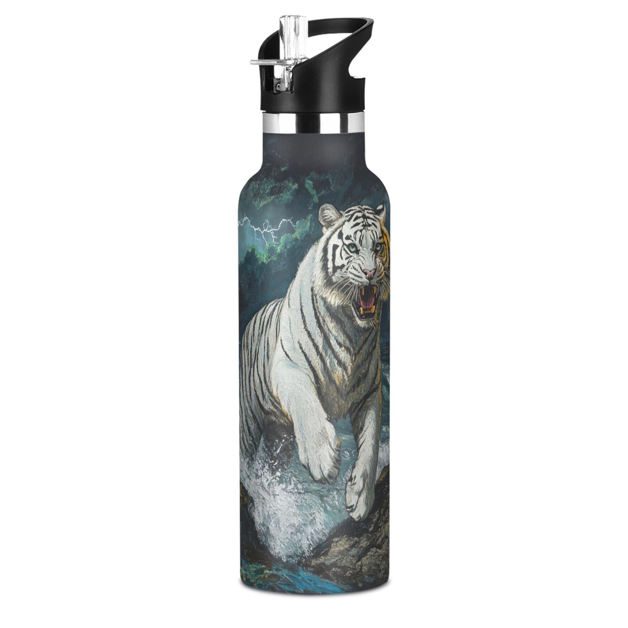 600ML Stainless Steel Insulated Cup Sports Water Bottle Portable Thermos Cup Water Glasses Insulated Tumblers Convenient and Durable The Tiger by The Sea
