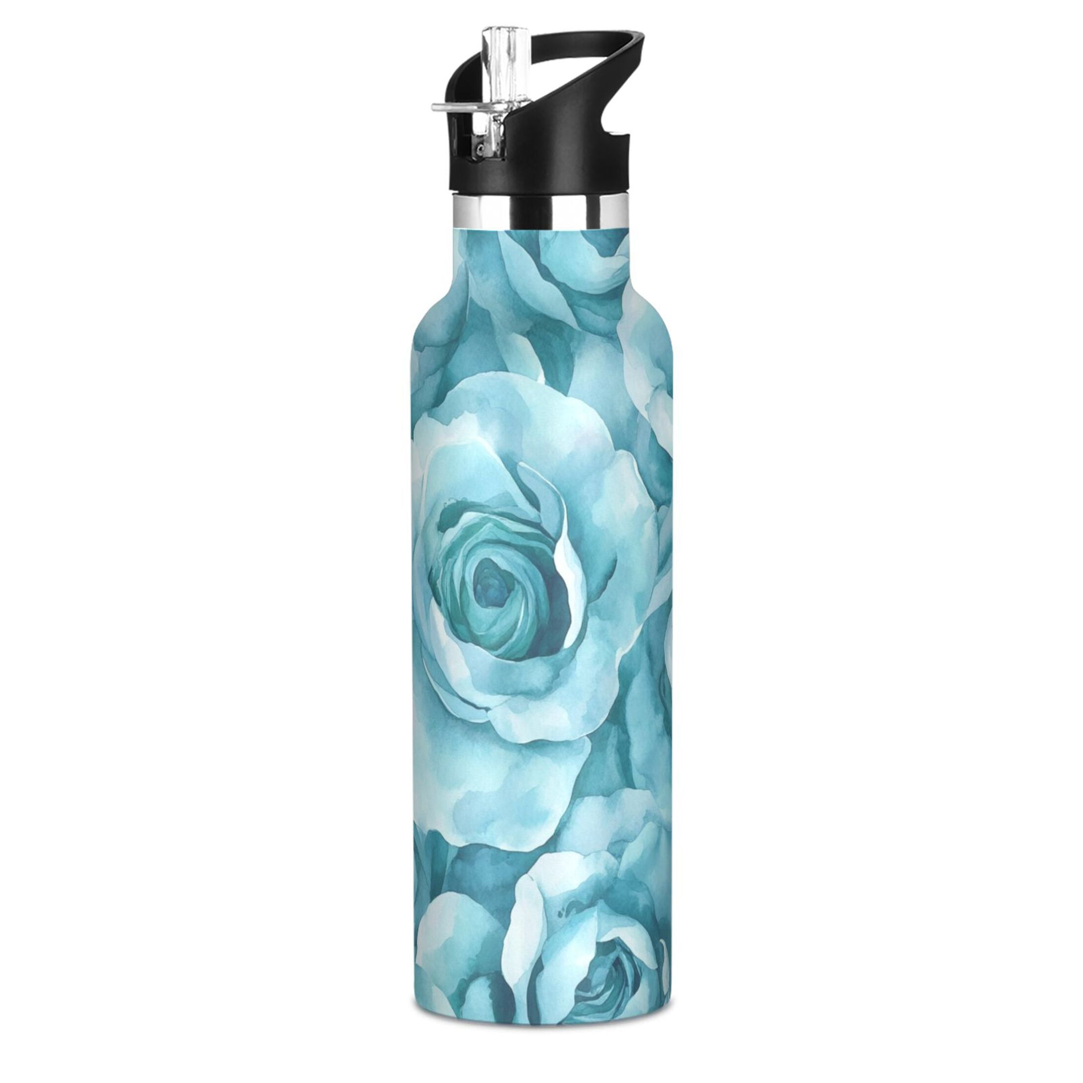 600ML Stainless Steel Insulated Cup Sports Water Bottle Portable Thermos Cup Water Glasses Insulated Tumblers Convenient and Durable Turquoise Roses Seamless