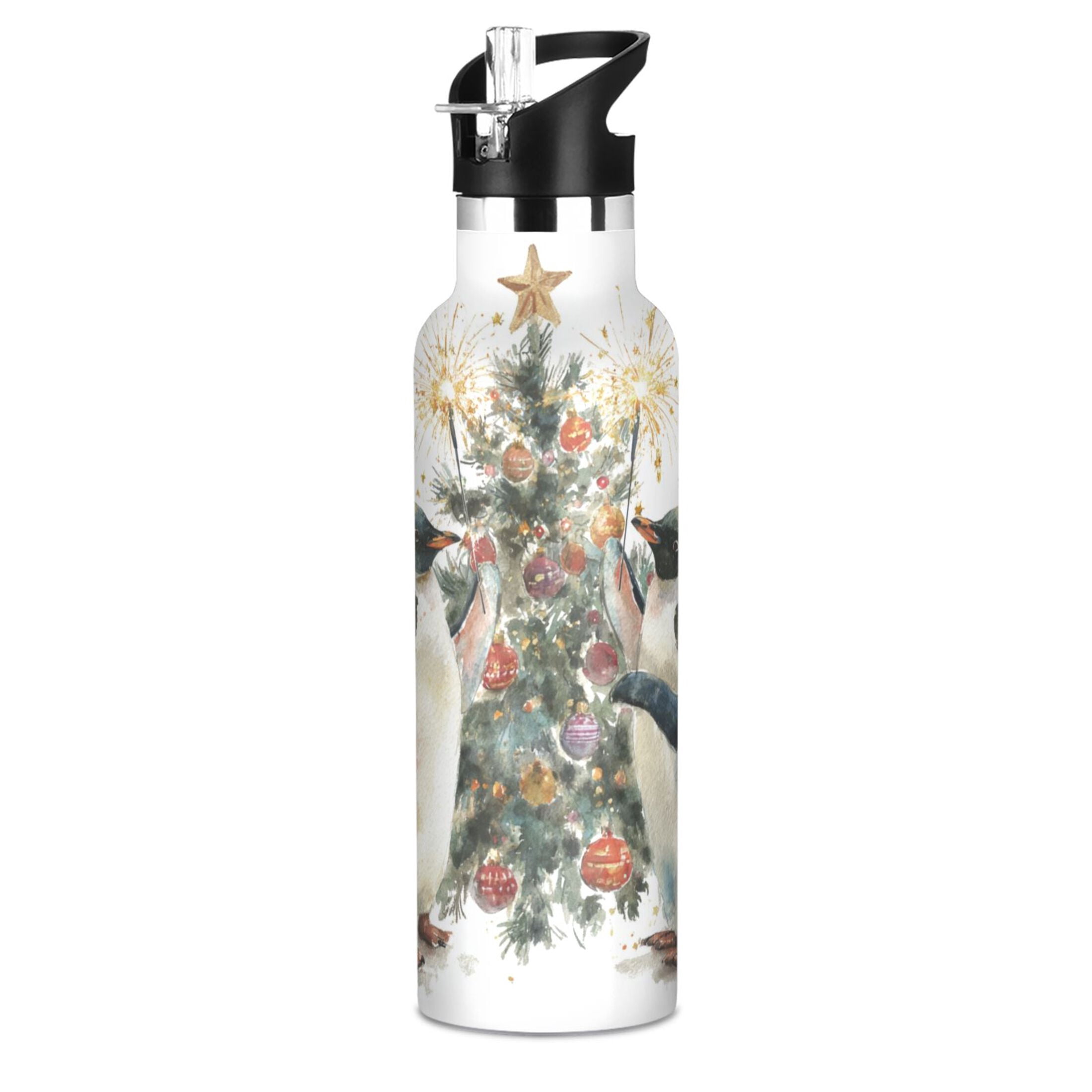600ML Stainless Steel Insulated Cup Sports Water Bottle Portable Thermos Cup Water Glasses Insulated Tumblers Convenient and Durable Two Christmas Penguins