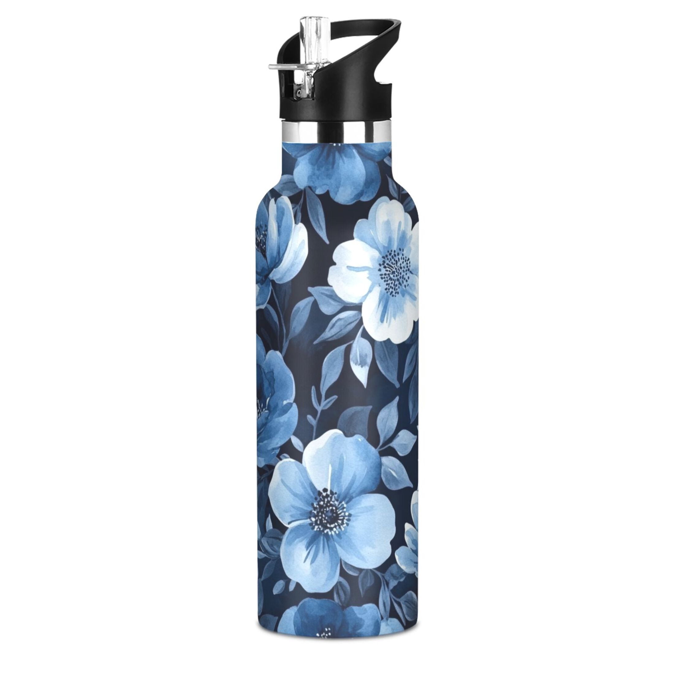 600ML Stainless Steel Insulated Cup Sports Water Bottle Portable Thermos Cup Water Glasses Insulated Tumblers Convenient and Durable Vibrant Blue Flowers