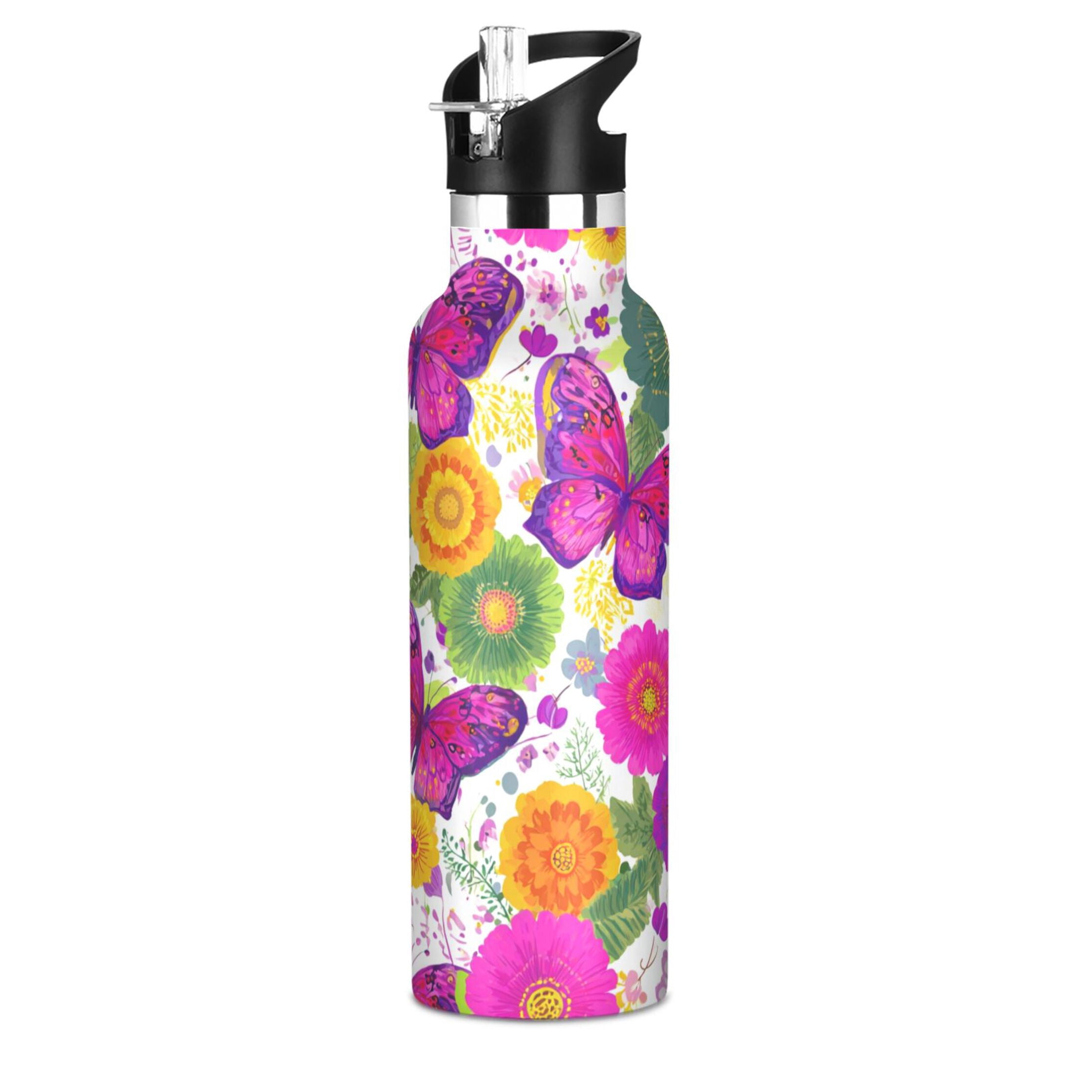 600ML Stainless Steel Insulated Cup Sports Water Bottle Portable Thermos Cup Water Glasses Insulated Tumblers Convenient and Durable Vibrant Butterflies