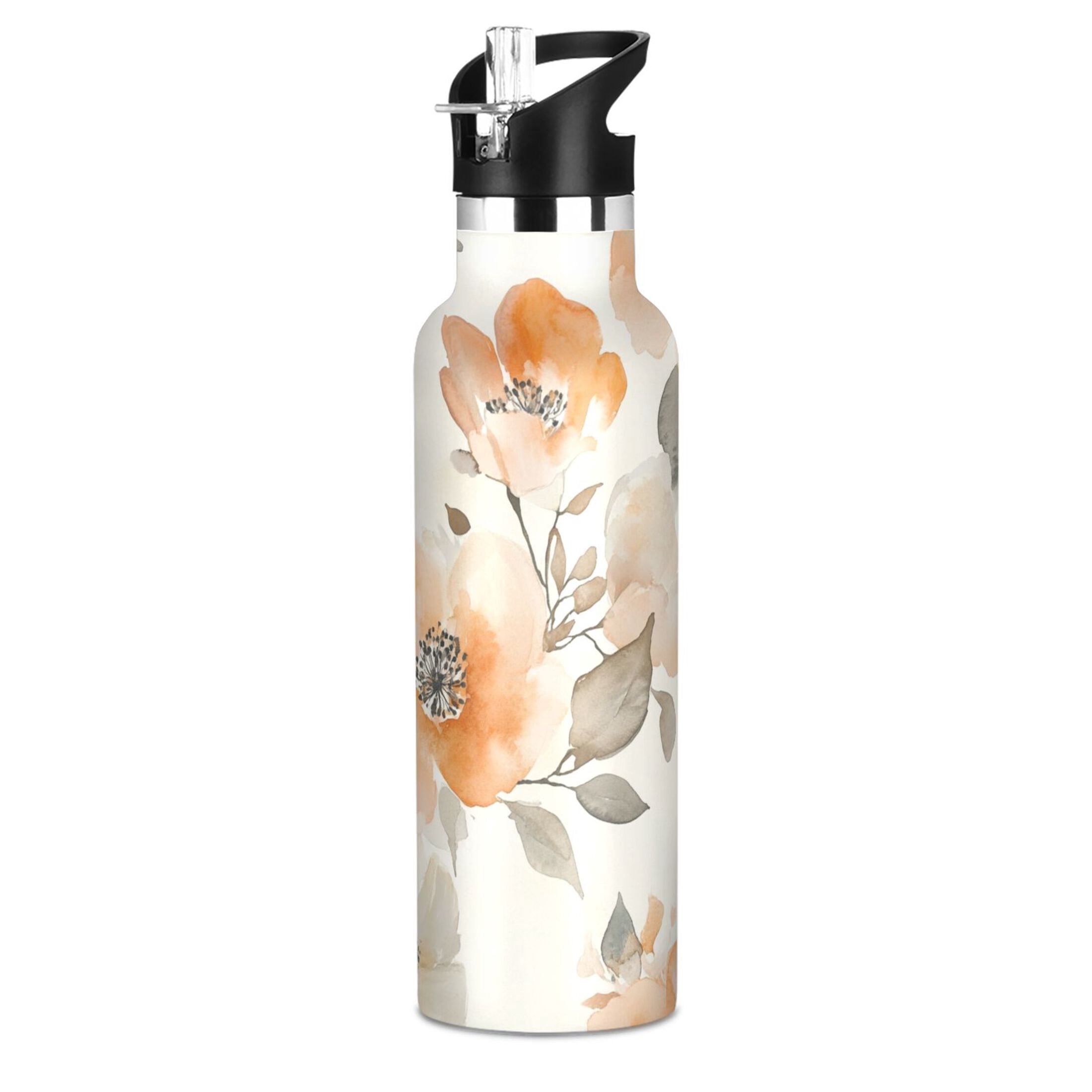 600ML Stainless Steel Insulated Cup Sports Water Bottle Portable Thermos Cup Water Glasses Insulated Tumblers Convenient and Durable Vibrant Cream Flowers