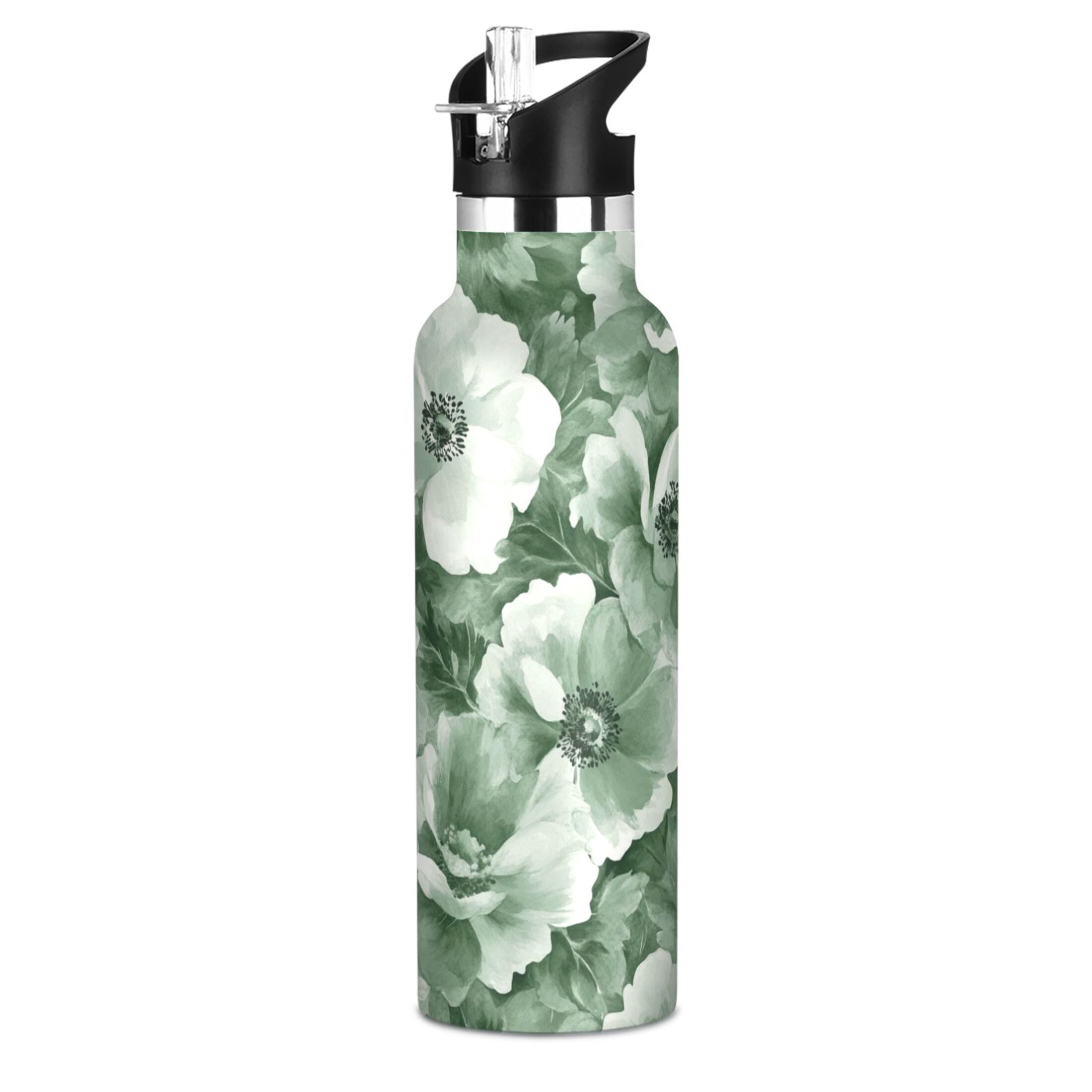 600ML Stainless Steel Insulated Cup Sports Water Bottle Portable Thermos Cup Water Glasses Insulated Tumblers Convenient and Durable Vibrant Green Flowers