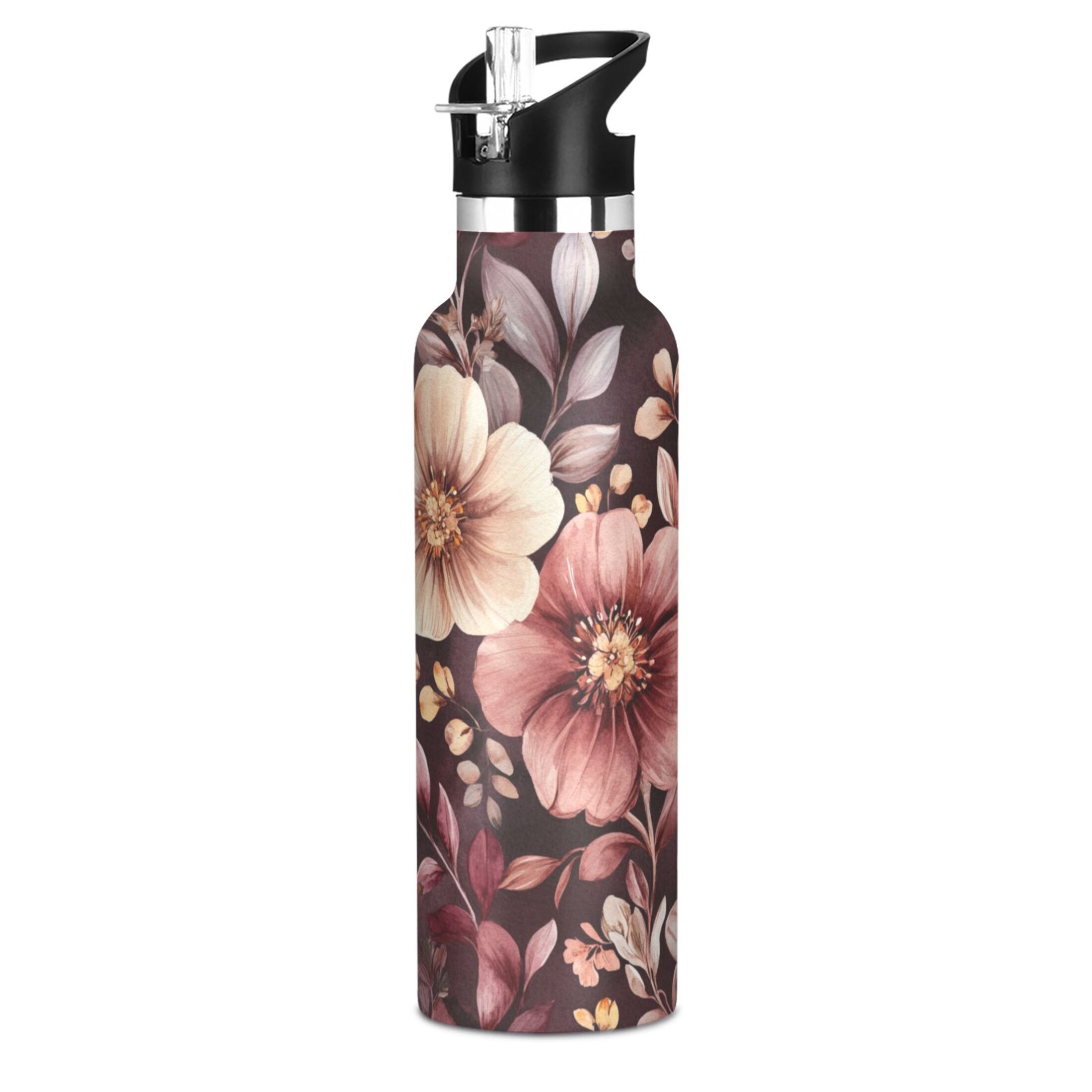 600ML Stainless Steel Insulated Cup Sports Water Bottle Portable Thermos Cup Water Glasses Insulated Tumblers Convenient and Durable Vibrant Maroon Flowers