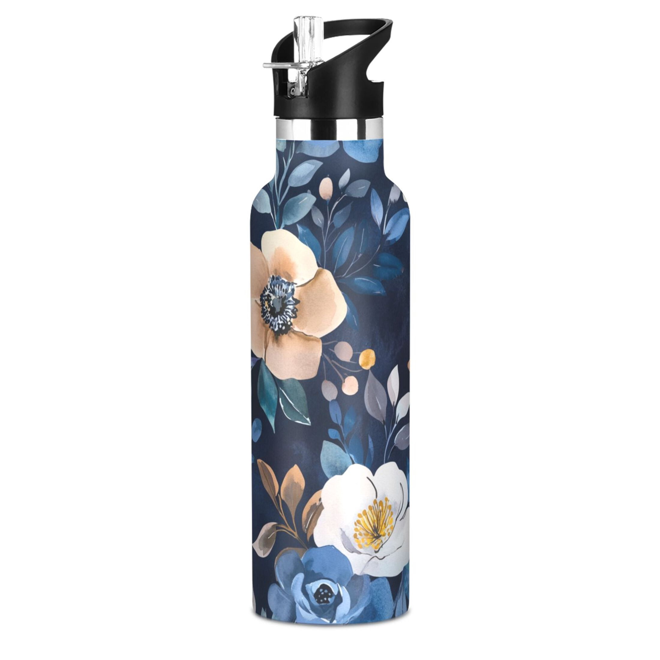 600ML Stainless Steel Insulated Cup Sports Water Bottle Portable Thermos Cup Water Glasses Insulated Tumblers Convenient and Durable Vibrant Navy Flowers