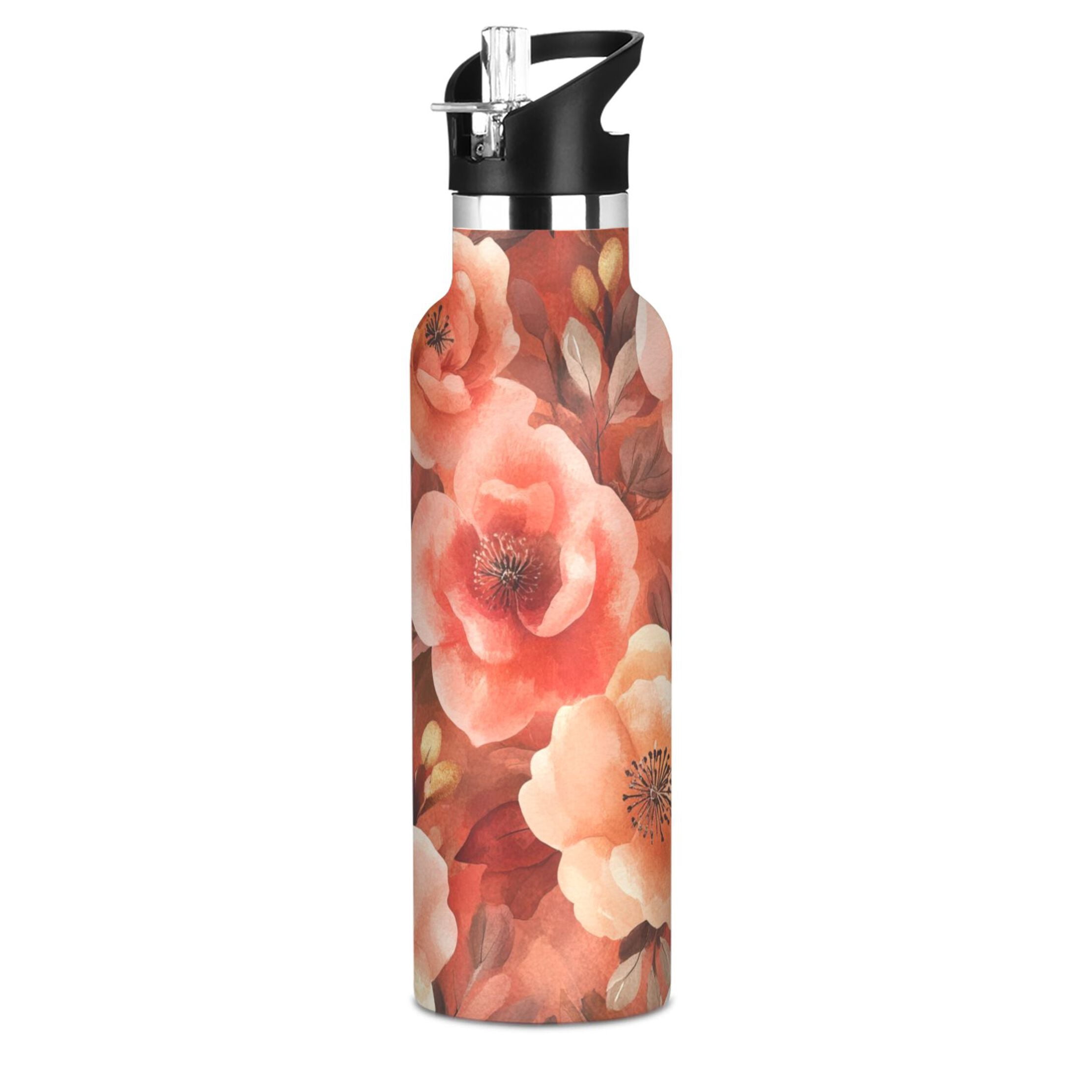 600ML Stainless Steel Insulated Cup Sports Water Bottle Portable Thermos Cup Water Glasses Insulated Tumblers Convenient and Durable Vibrant Orange Flowers