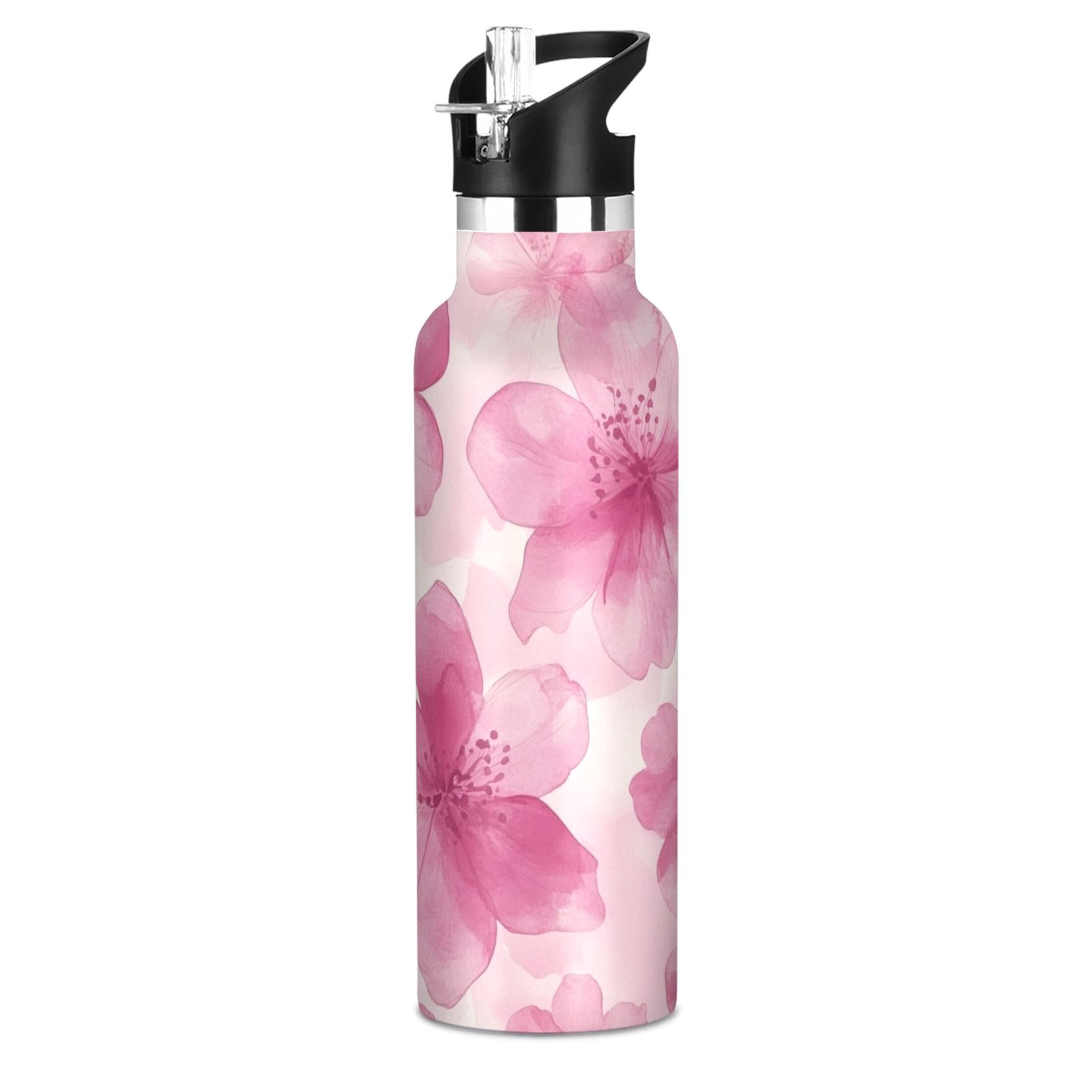 600ML Stainless Steel Insulated Cup Sports Water Bottle Portable Thermos Cup Water Glasses Insulated Tumblers Convenient and Durable Vibrant Pink Flowers