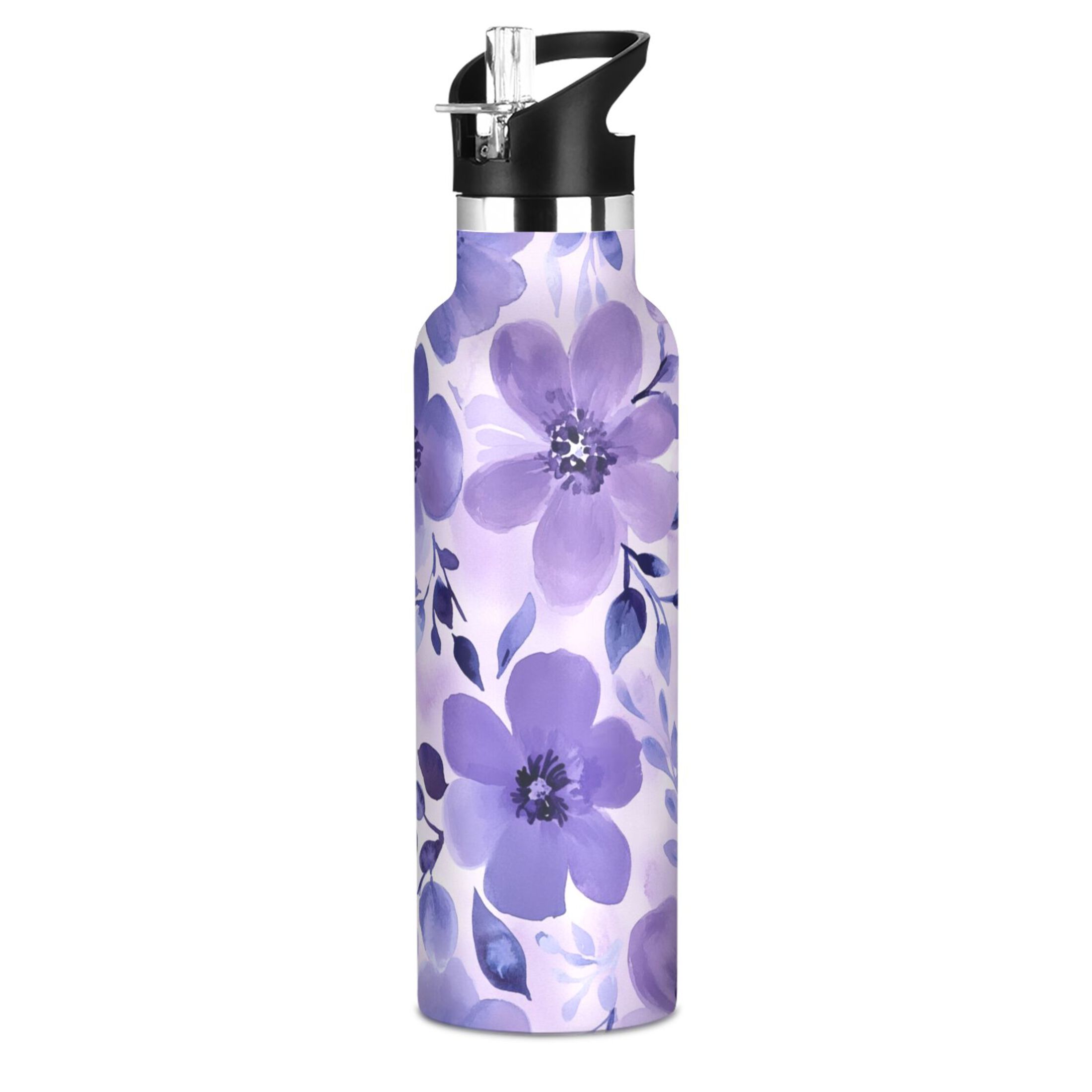 600ML Stainless Steel Insulated Cup Sports Water Bottle Portable Thermos Cup Water Glasses Insulated Tumblers Convenient and Durable Vibrant Purple Flowers