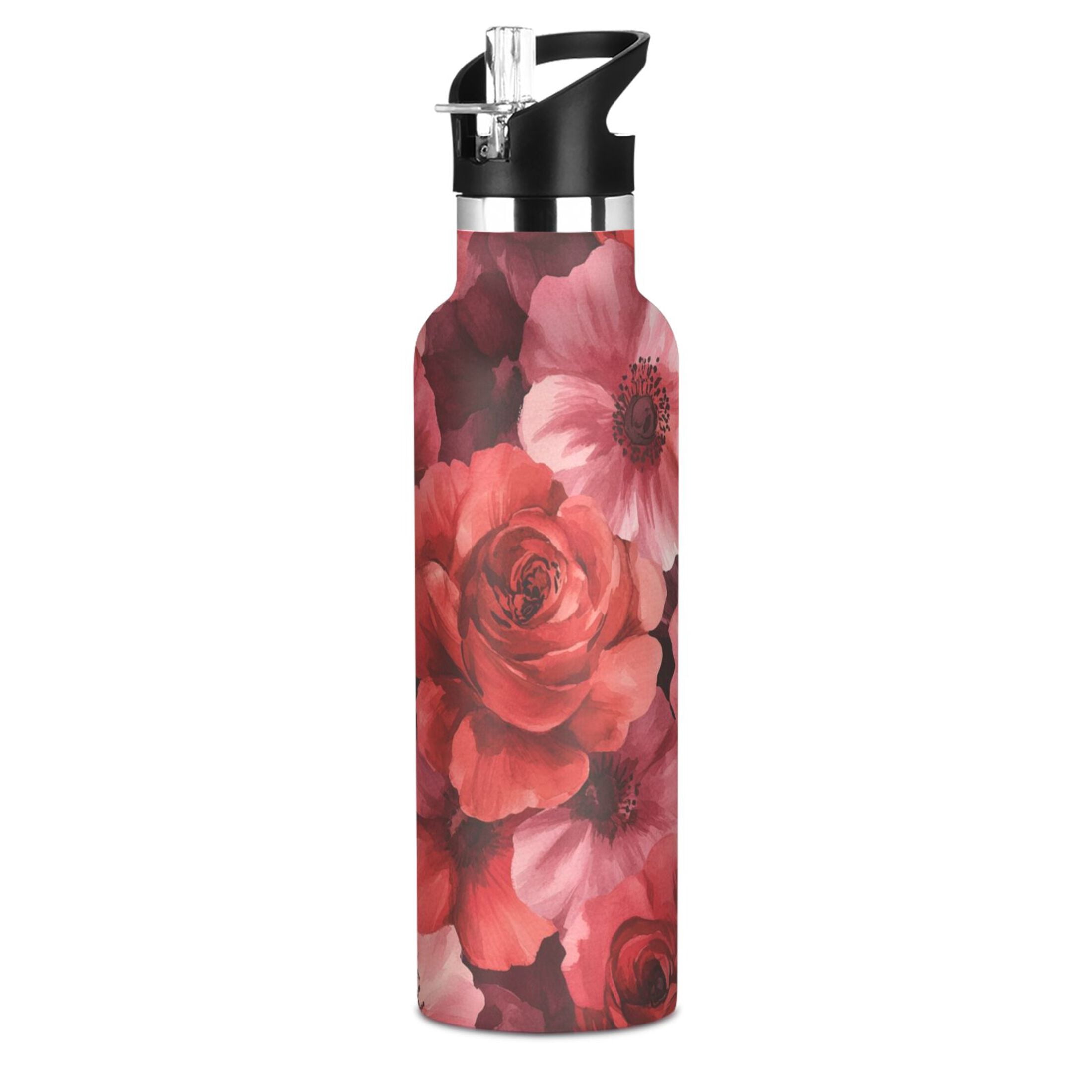 600ML Stainless Steel Insulated Cup Sports Water Bottle Portable Thermos Cup Water Glasses Insulated Tumblers Convenient and Durable Vibrant Red Flowers