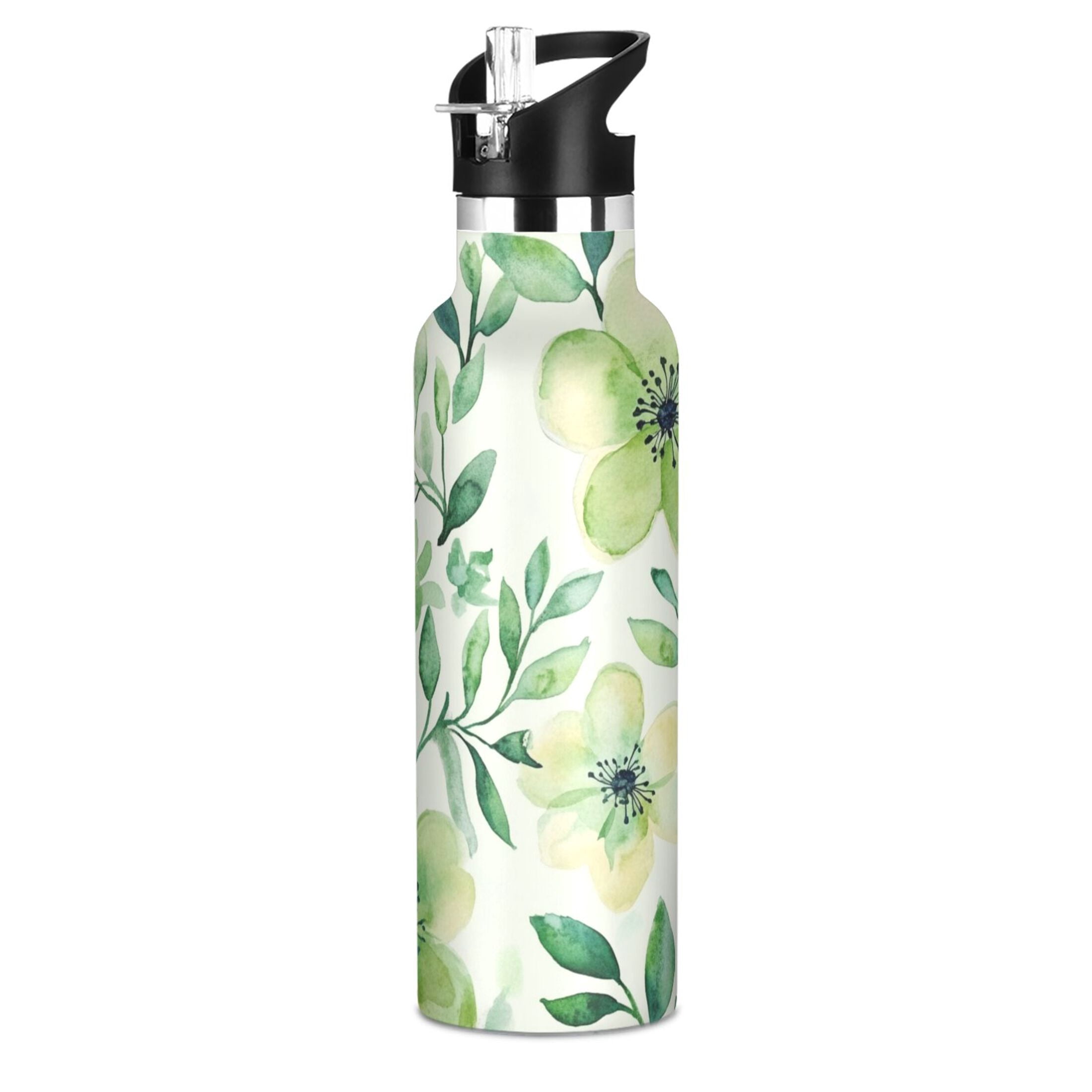 600ML Stainless Steel Insulated Cup Sports Water Bottle Portable Thermos Cup Water Glasses Insulated Tumblers Convenient and Durable Vibrant Turquoise Flowers