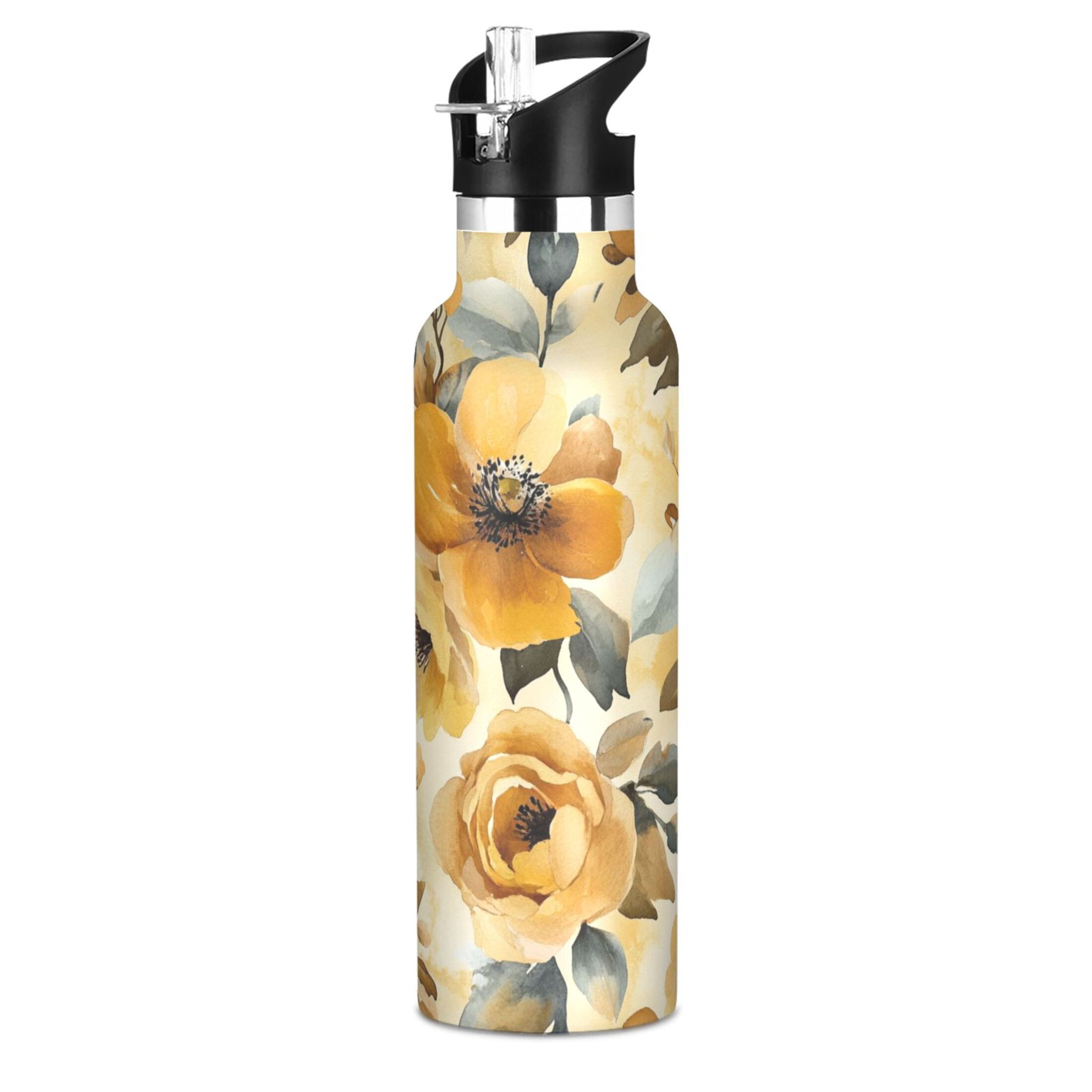 600ML Stainless Steel Insulated Cup Sports Water Bottle Portable Thermos Cup Water Glasses Insulated Tumblers Convenient and Durable Vibrant Yellow Flowers
