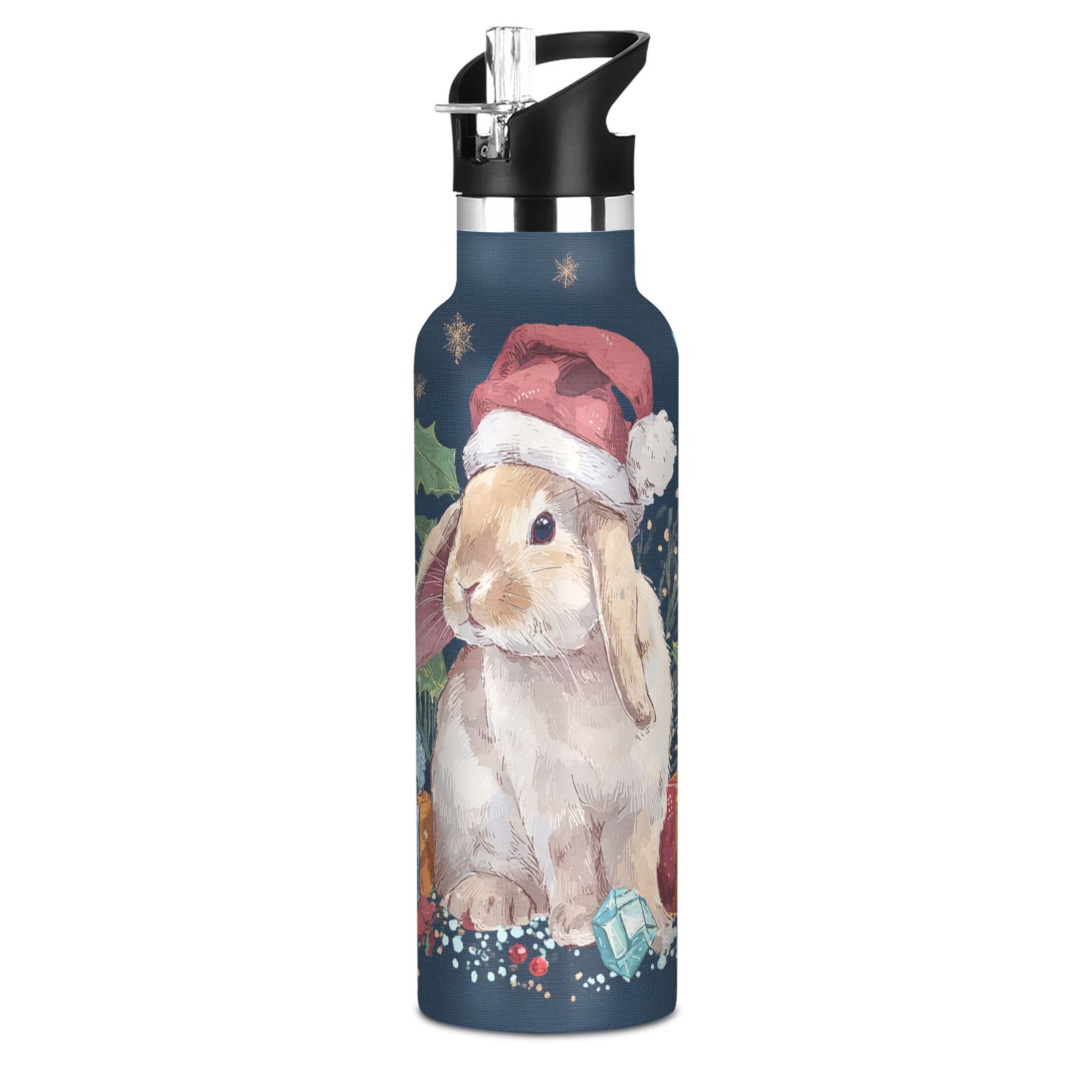 600ML Stainless Steel Insulated Cup Sports Water Bottle Portable Thermos Cup Water Glasses Insulated Tumblers Convenient and Durable Warm Christmas Cute Rabbit