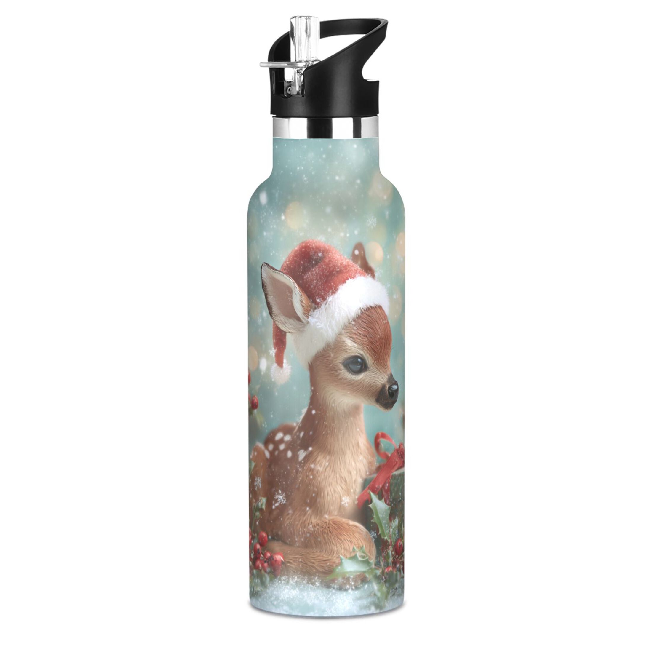 600ML Stainless Steel Insulated Cup Sports Water Bottle Portable Thermos Cup Water Glasses Insulated Tumblers Convenient and Durable Warm Christmas Deer Cartoon