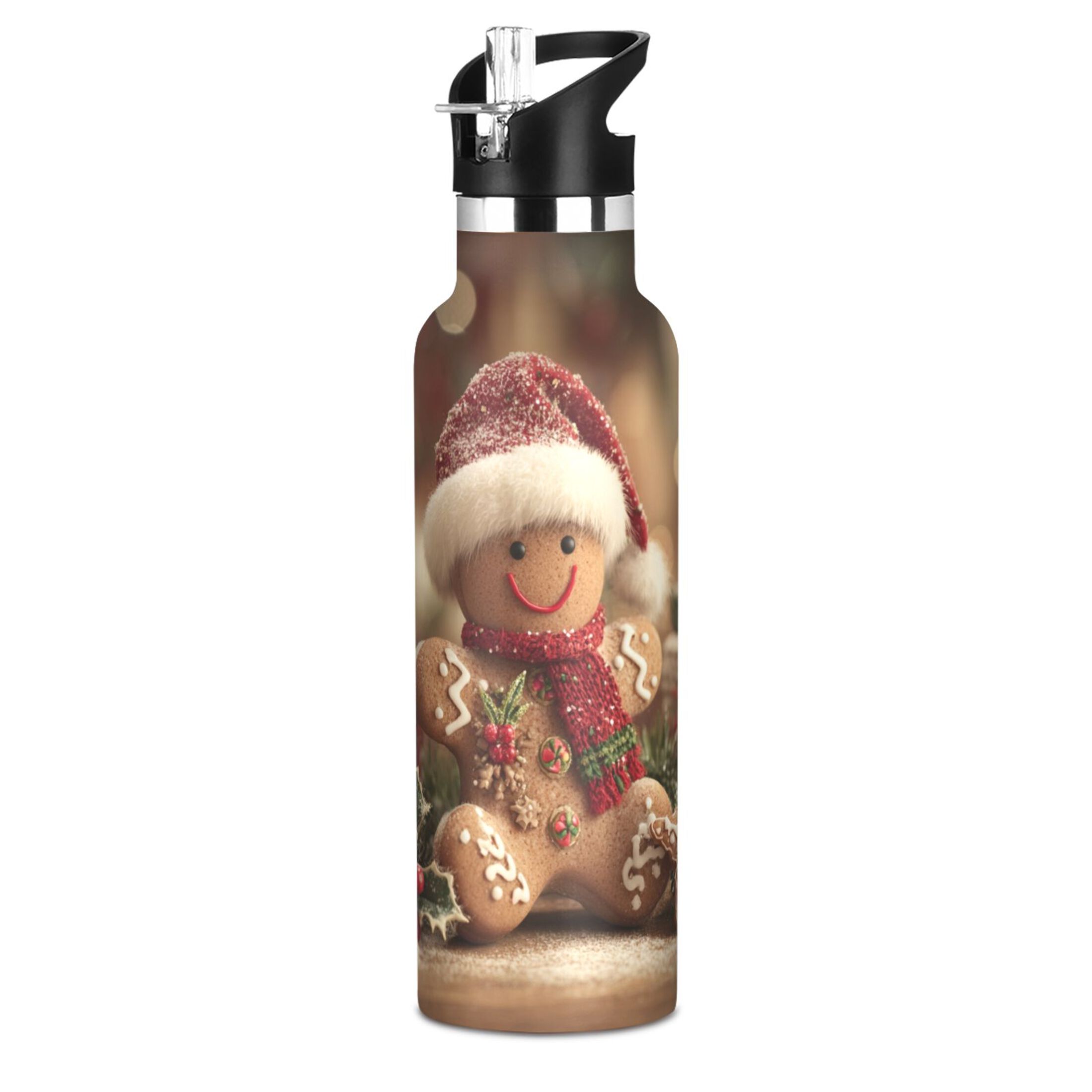 600ML Stainless Steel Insulated Cup Sports Water Bottle Portable Thermos Cup Water Glasses Insulated Tumblers Convenient and Durable Warm Christmas Gingerbread Man Beautiful