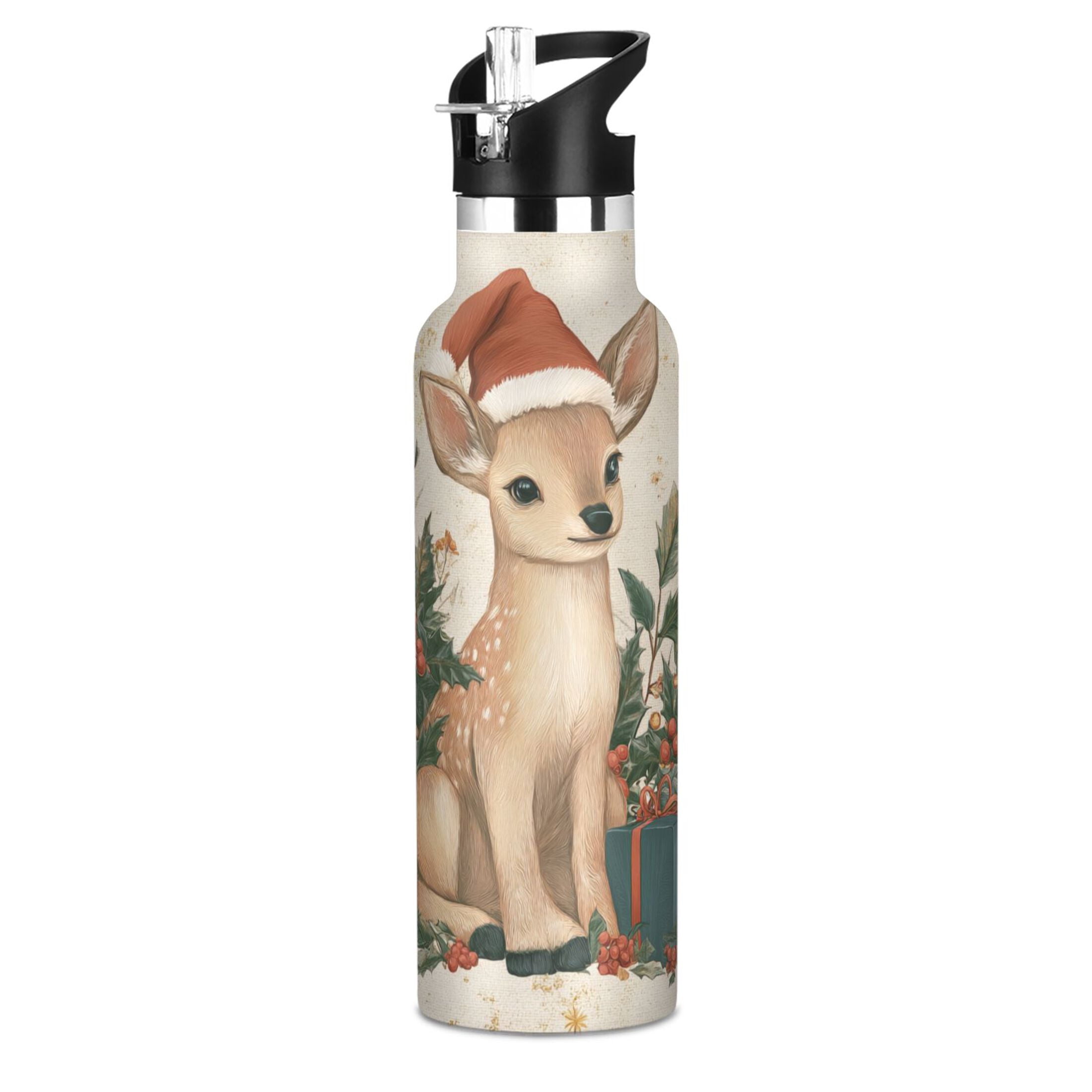 600ML Stainless Steel Insulated Cup Sports Water Bottle Portable Thermos Cup Water Glasses Insulated Tumblers Convenient and Durable Warm Christmas Orange Deer