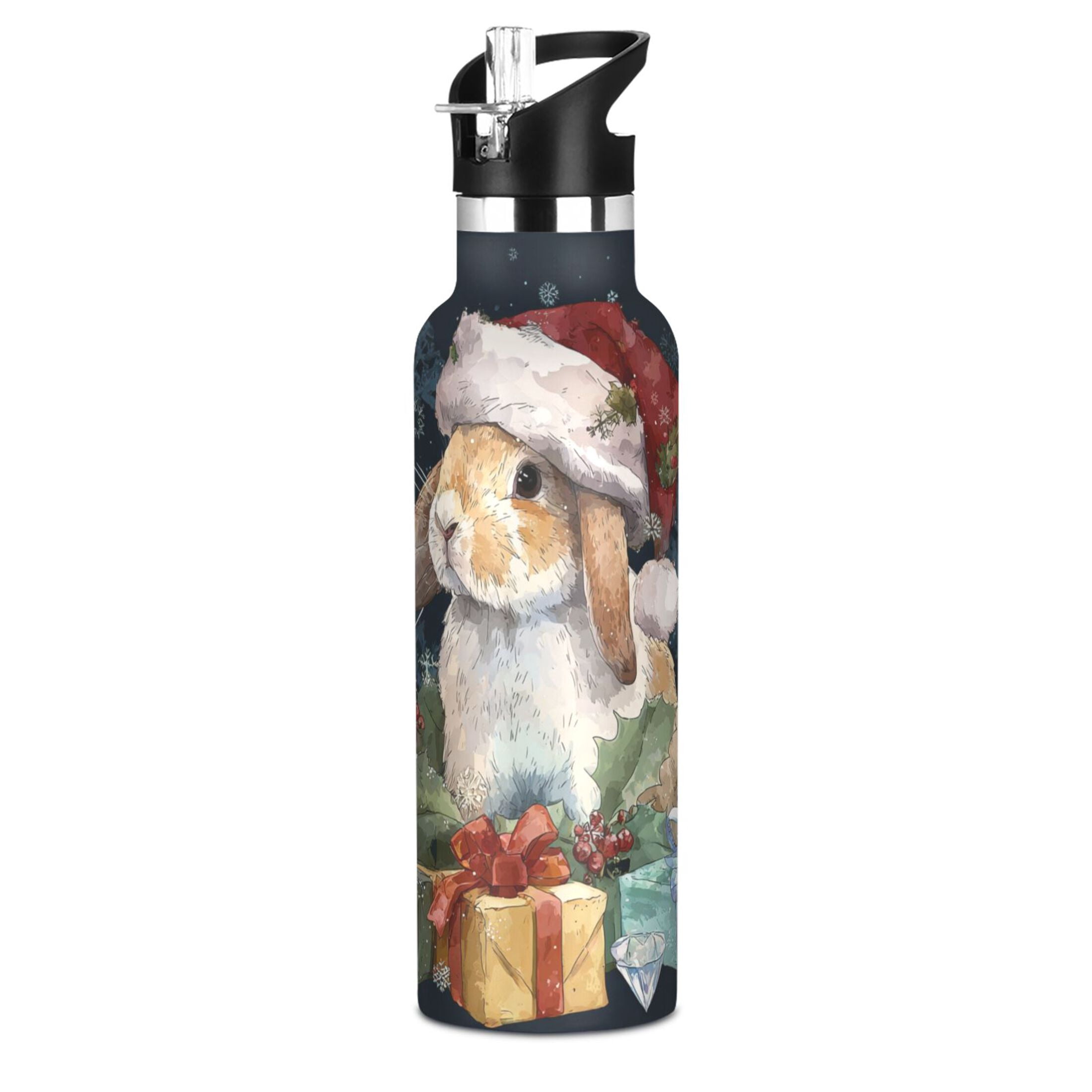 600ML Stainless Steel Insulated Cup Sports Water Bottle Portable Thermos Cup Water Glasses Insulated Tumblers Convenient and Durable Warm Christmas Orange Rabbit