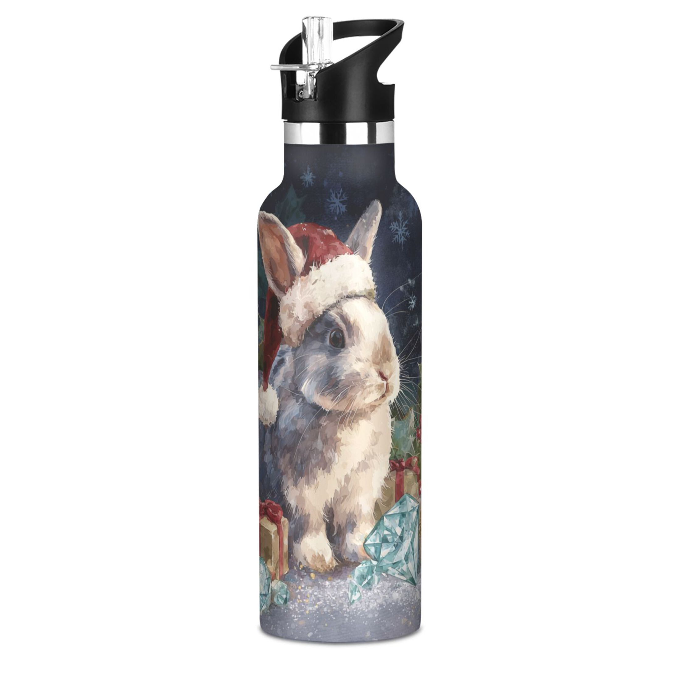 600ML Stainless Steel Insulated Cup Sports Water Bottle Portable Thermos Cup Water Glasses Insulated Tumblers Convenient and Durable Warm Christmas Rabbit Cartoon