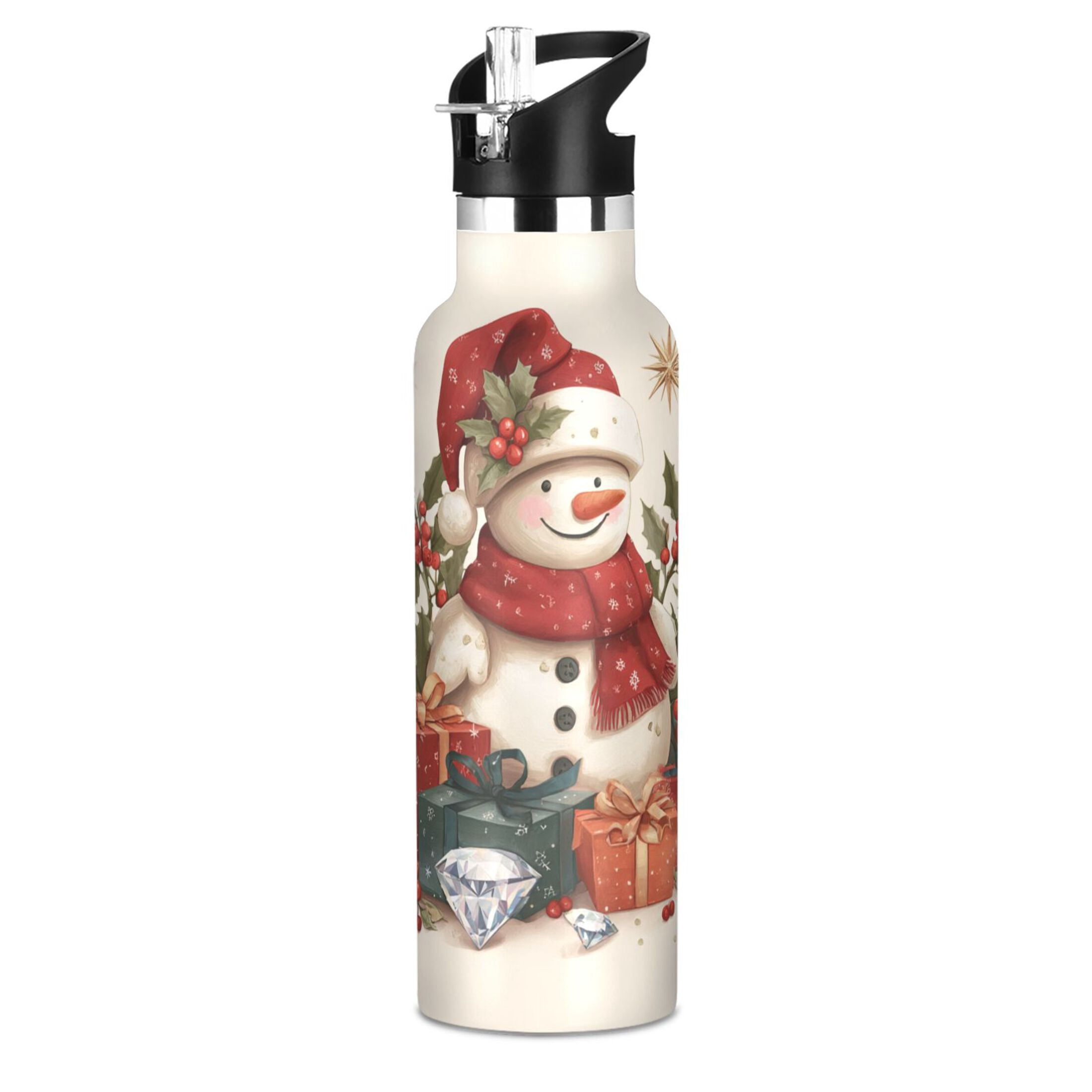 600ML Stainless Steel Insulated Cup Sports Water Bottle Portable Thermos Cup Water Glasses Insulated Tumblers Convenient and Durable Warm Christmas Snowman Beautiful